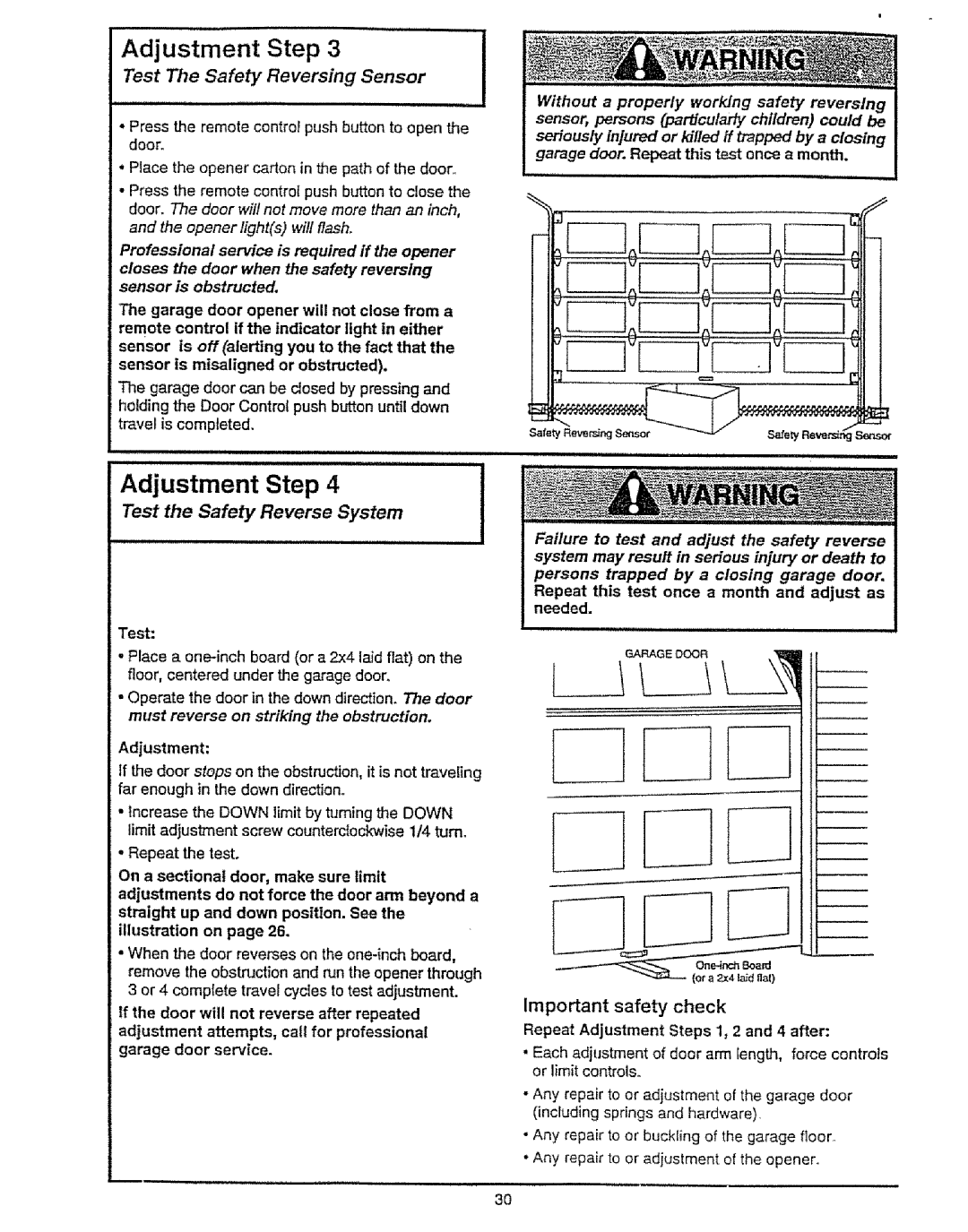 Craftsman 139.53675SRT owner manual Test The Safety Reversing Sensor, Important safety check 