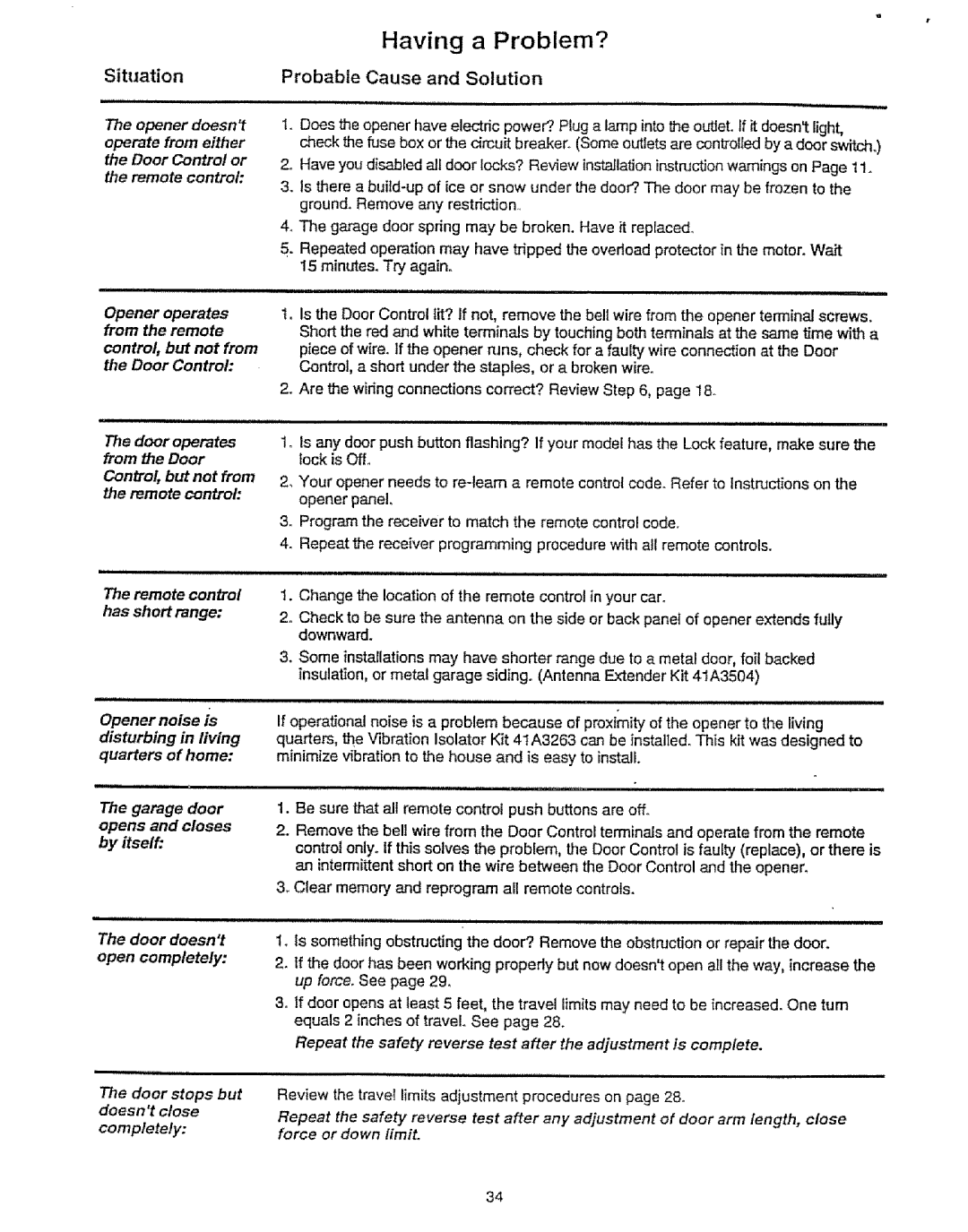 Craftsman 139.53675SRT owner manual Situation, Probable Cause and Solution, Control, but not from 