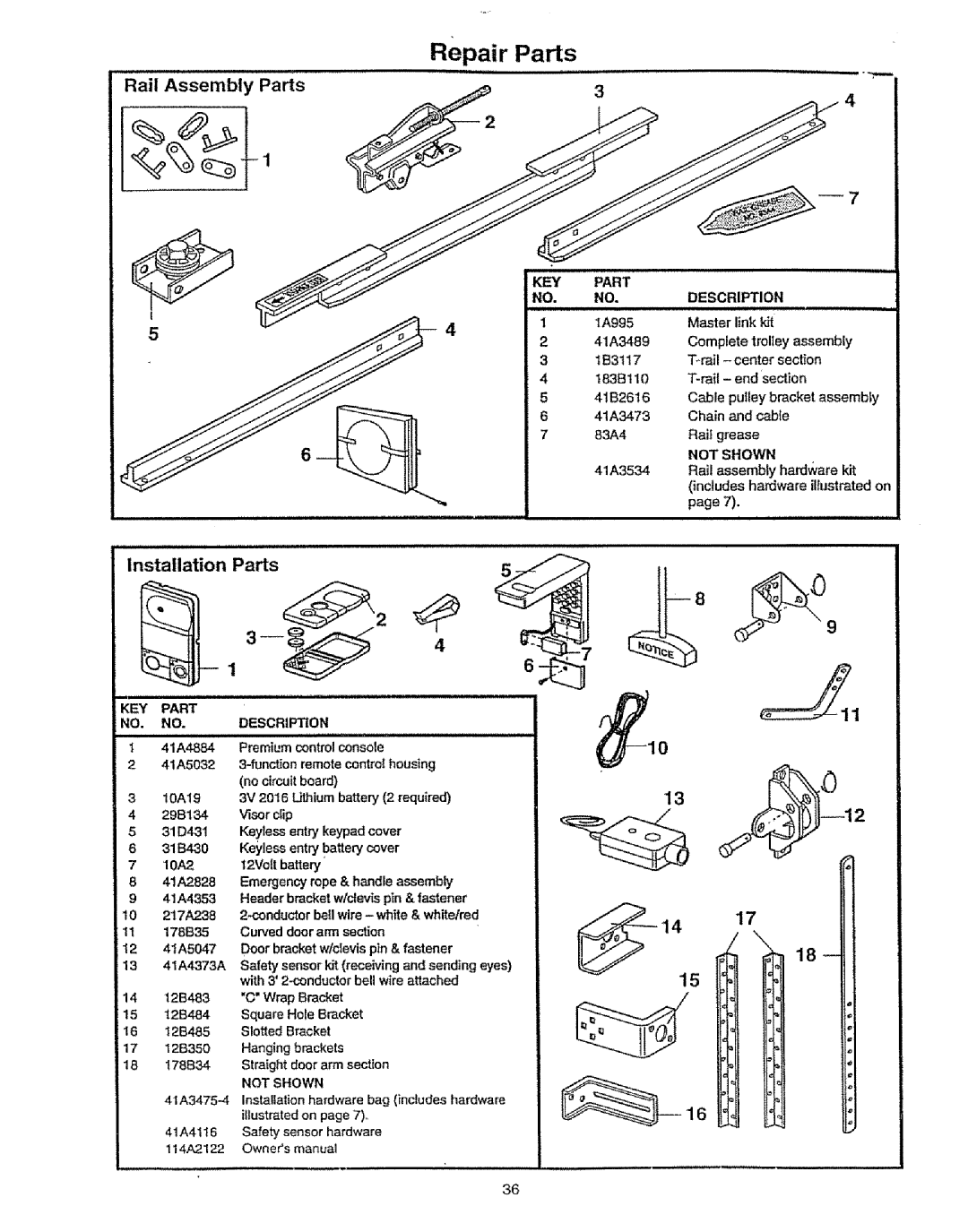 Craftsman 139.53675SRT owner manual Rail Assembly Parts, Installation Parts 