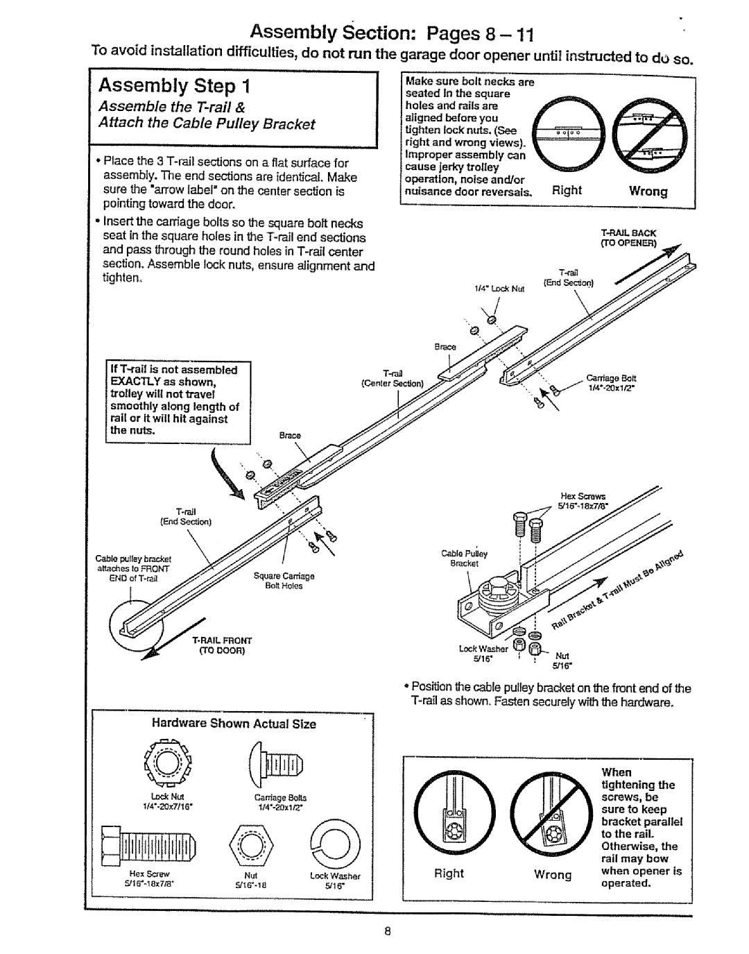 Craftsman 139.53675SRT owner manual Assembly Section Pages 8, Right Wrong, Hardware Shown Actual Size 