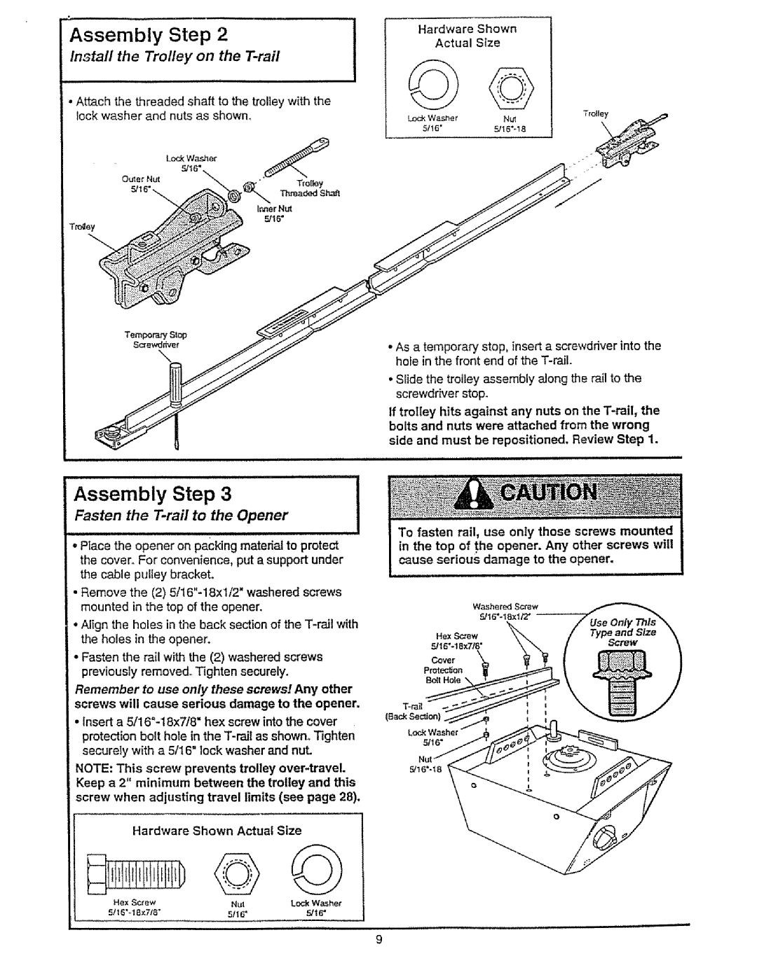 Craftsman 139.53675SRT owner manual Assembly Step, Install the Trolley on the T-rail, Fasten the T-rail to the Opener 