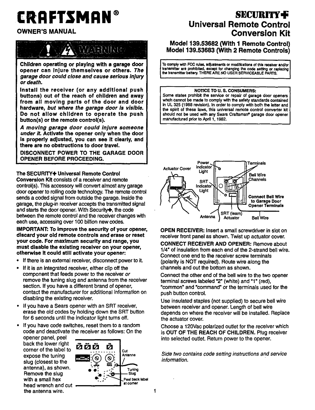 Craftsman 139.53682, 139.53683 owner manual Crrftsmrn, Universal Remote Control Conversion Kit 