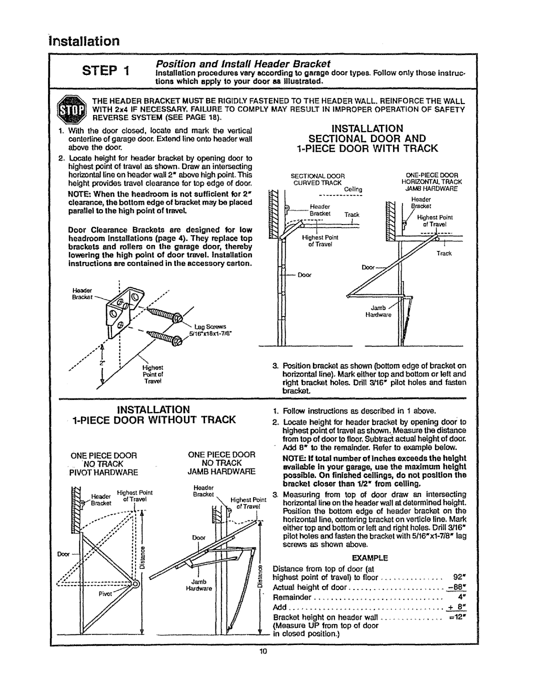 Craftsman 139.53315SR, 139.53699SR, 139.53625SR Position and Instafl Header Bracket, Installation Sectional Door 