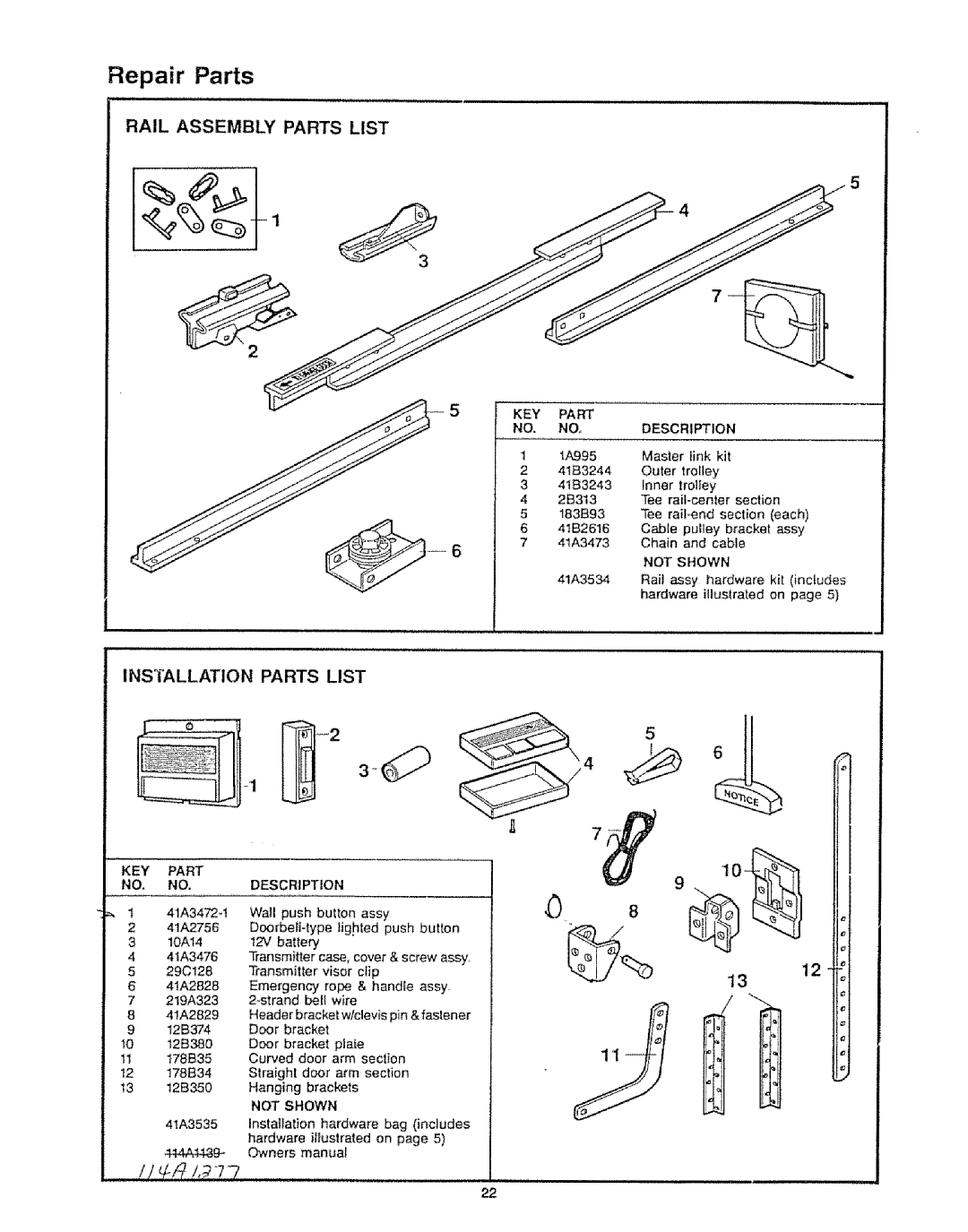 Craftsman 139.53315SR, 139.53699SR, 139.53625SR specifications Repair Parts, Installation Parts List, Trolley, Not Shown 