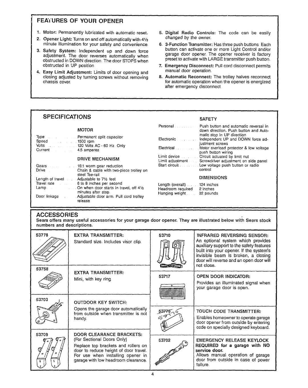 Craftsman 139.53315SR, 139.53699SR, 139.53625SR specifications Motor, Dimensions, 53717, Required for a garage with no 