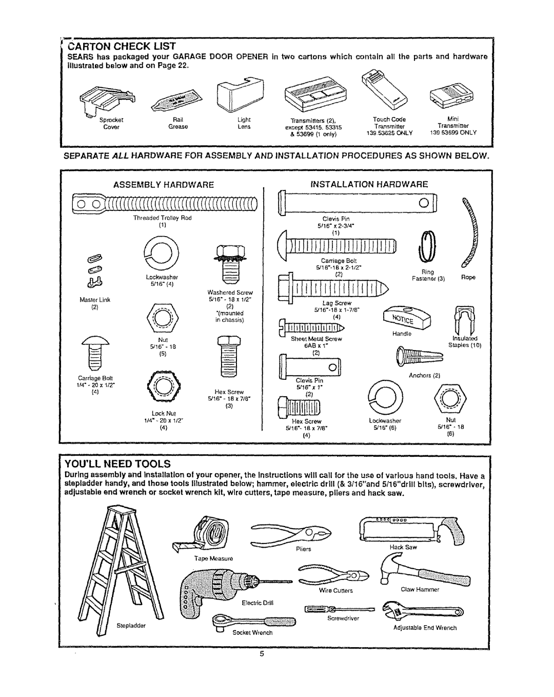 Craftsman 139.53625SR, 139.53699SR, 139.53315SR specifications Carton Check List, Youll Need Tools 