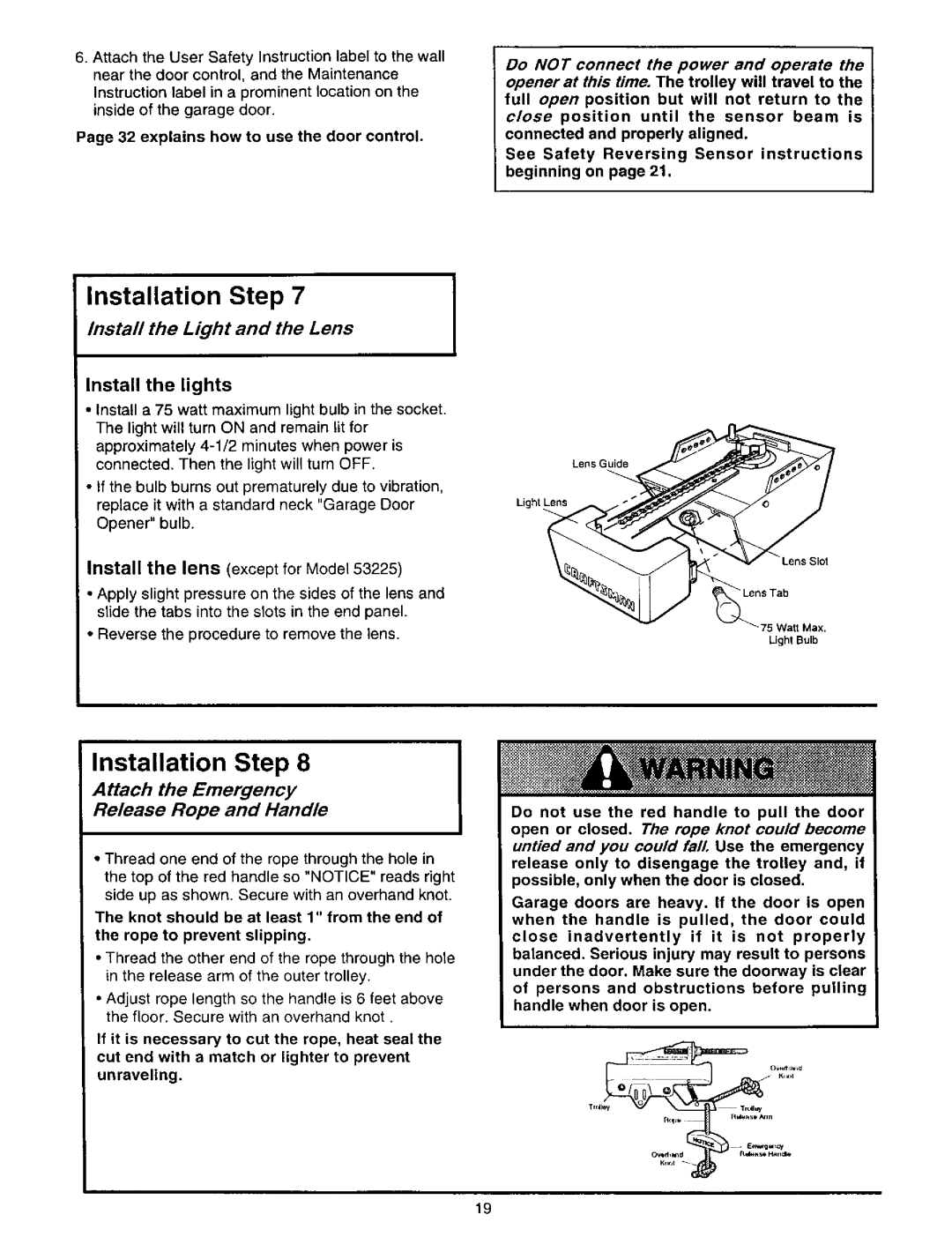 Craftsman 139.53646SRT2, 139.53834SRT3 Install the Light and the Lens, Attach the Emergency Release Rope and Handle 