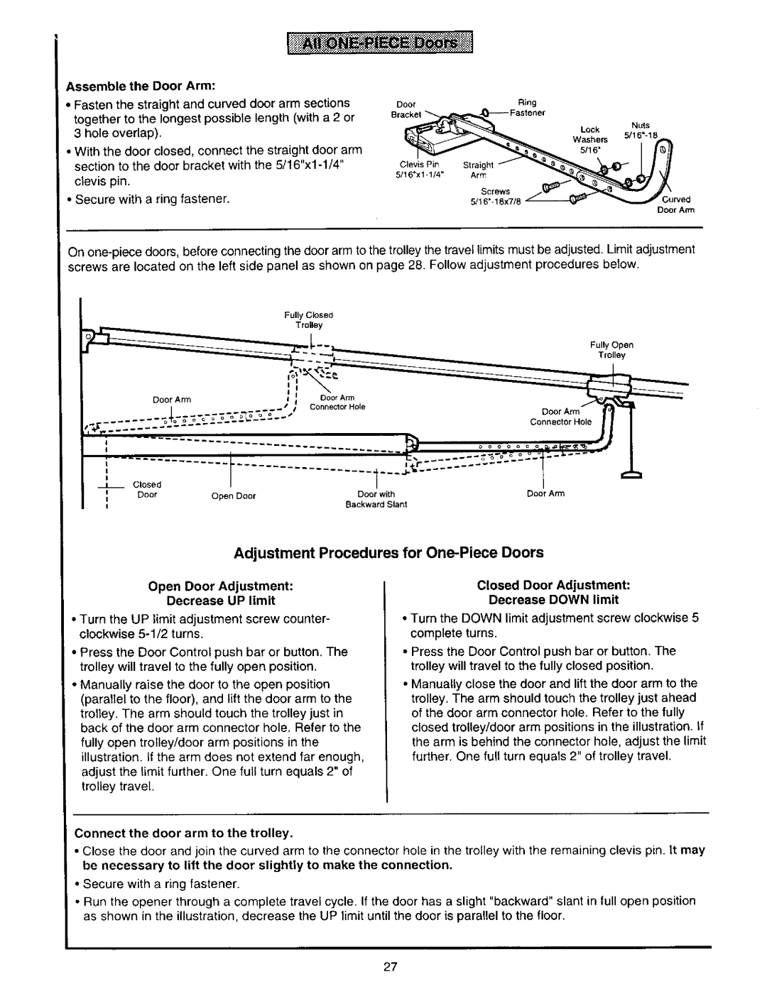 Craftsman 139.53645SRT3, 139.53834SRT3, 139.53646SRT2 Adjustment Procedures for One-PieceDoors, Assemble the Door Arm 