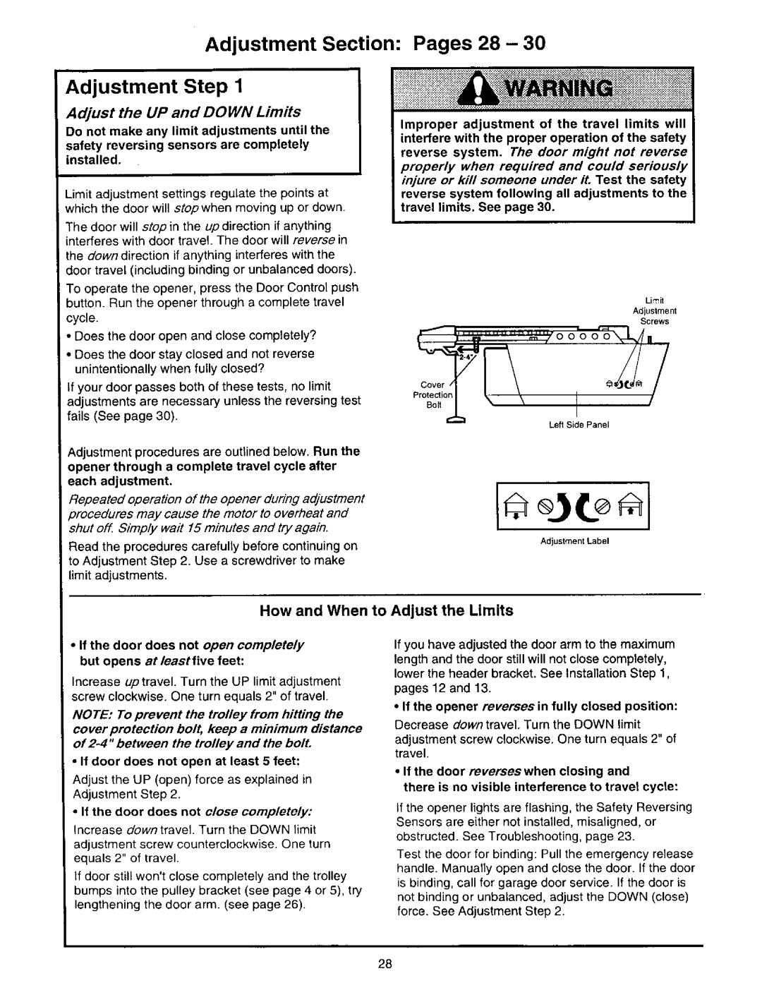 Craftsman 139.53660SRT1, 139.53834SRT3 Adjustment Section Adjustment Step, Pages 28, How and When, To Adjust the Limits 