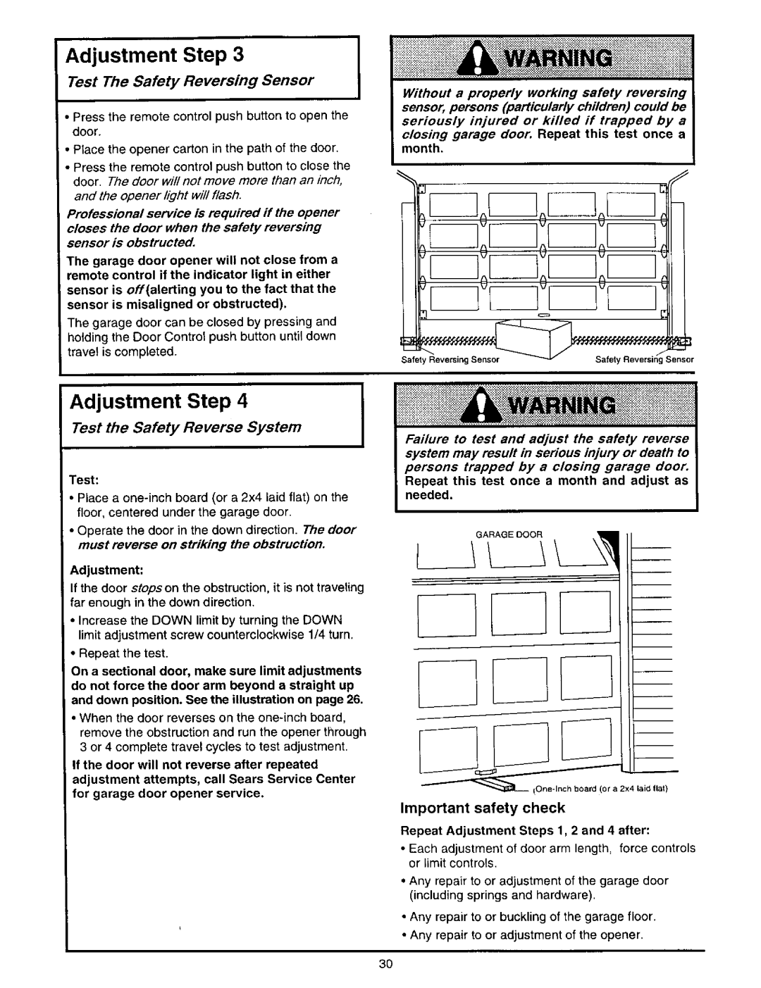 Craftsman 139.53834SRT3, 139.53646SRT2 Adjustment Step, Test The Safety Reversing Sensor, Test the Safety Reverse System 