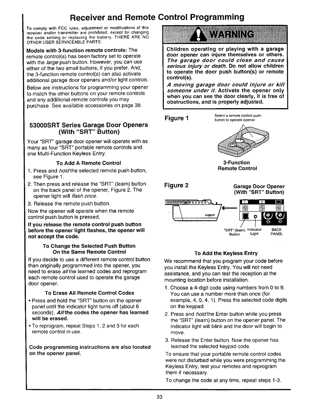 Craftsman 139.53645SRT3, 139.53834SRT3 Receiver and Remote Control Programming, 53000SRT Series Garage Door Openers 