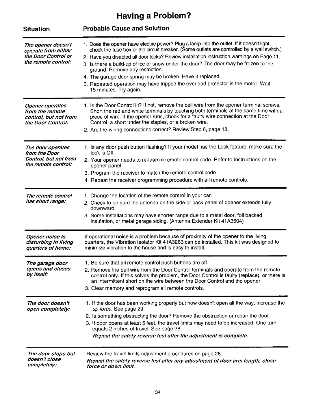 Craftsman 139.53660SRT1, 139.53834SRT3, 139.53646SRT2 owner manual Having a Problem?, Situation, Probable Cause and Solution 