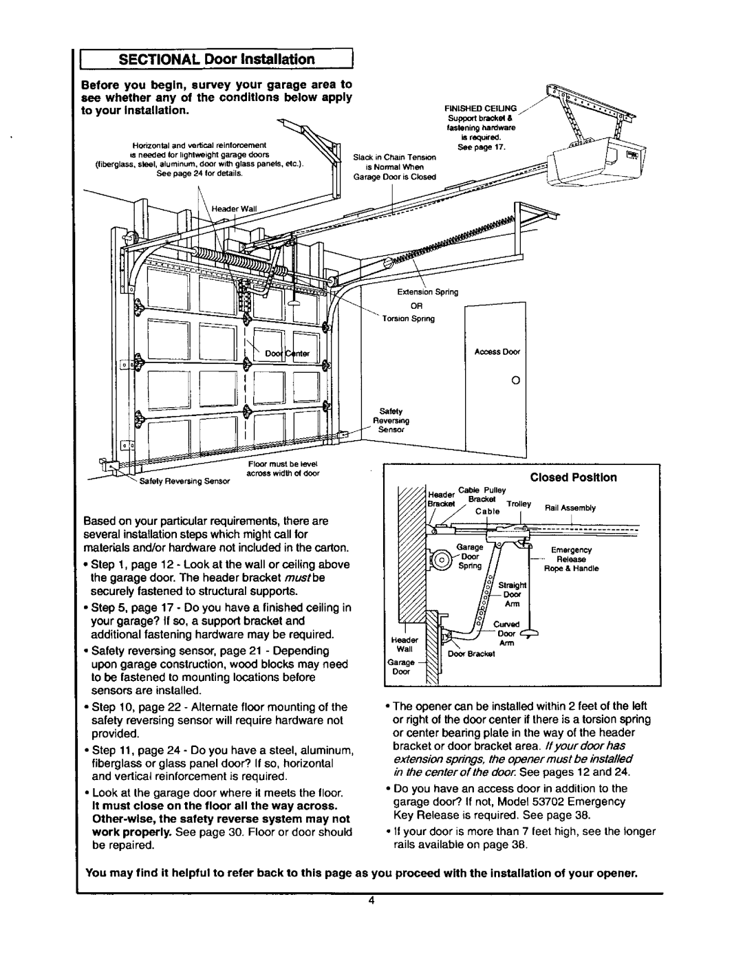 Craftsman 139.53660SRT1, 139.53834SRT3, 139.53646SRT2, 139.53648SRT2 owner manual Sectional Door Installation, Closed Position 