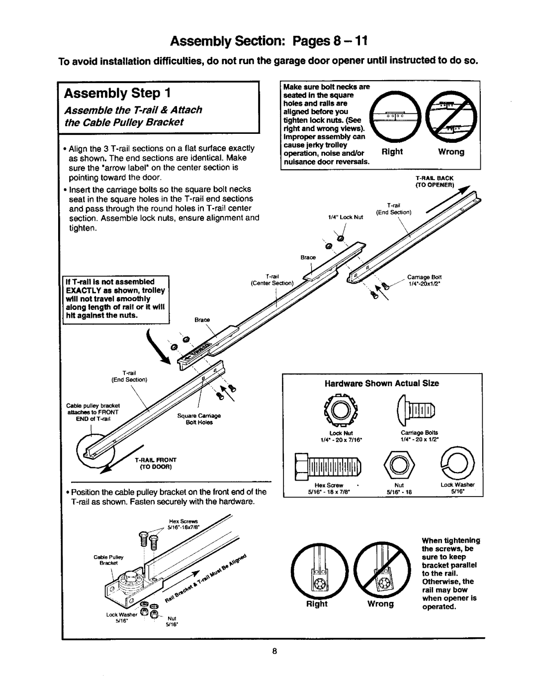 Craftsman 139.53648SRT2, 139.53834SRT3 Assembly Section Pages 8, Assemble the T-rail & Attach Cable Pulley Bracket, Right 