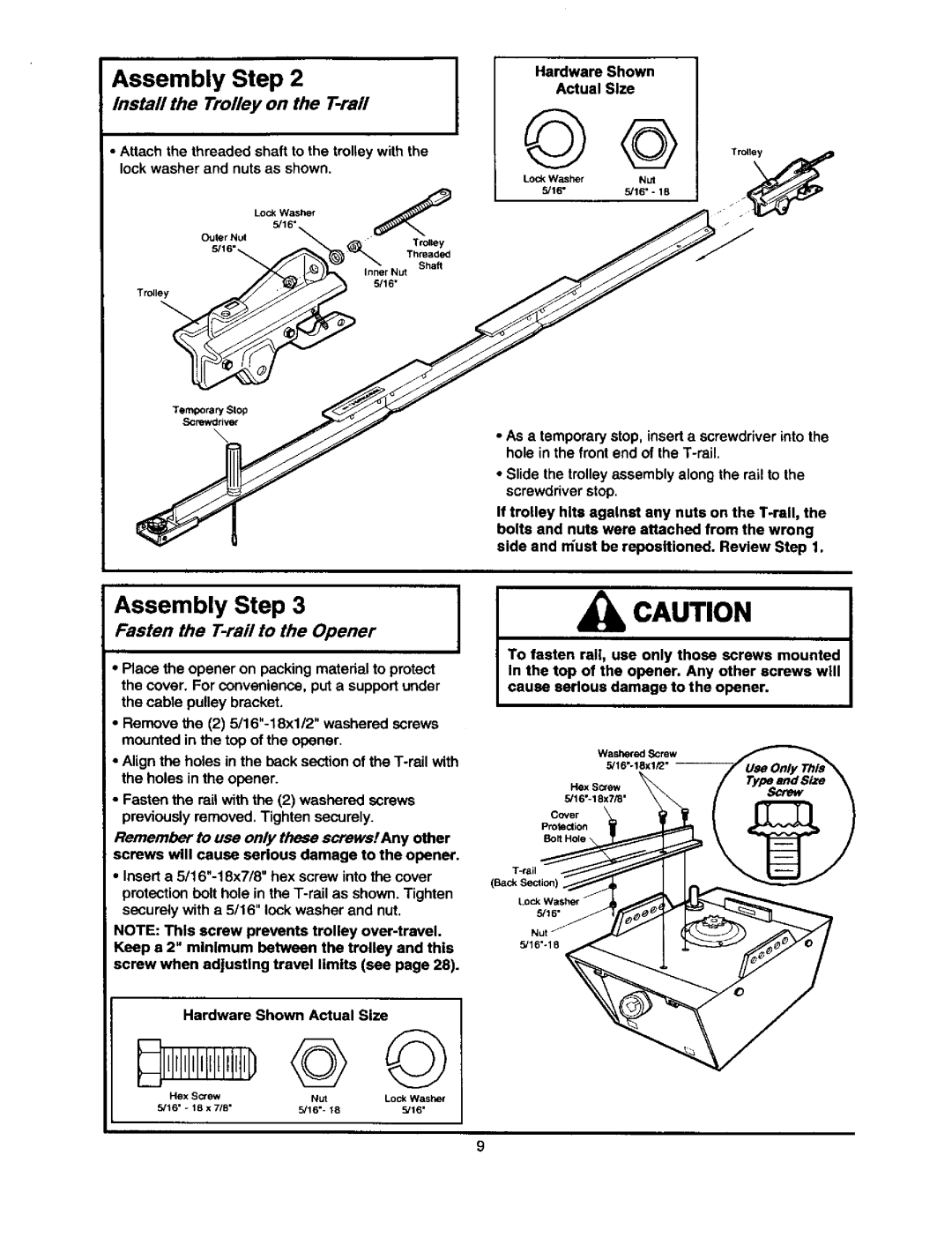 Craftsman 139.53645SRT3 owner manual Install the Trolley on the T-rail, Hardware Shown, Actual Size, Fasten Raft to Opener 