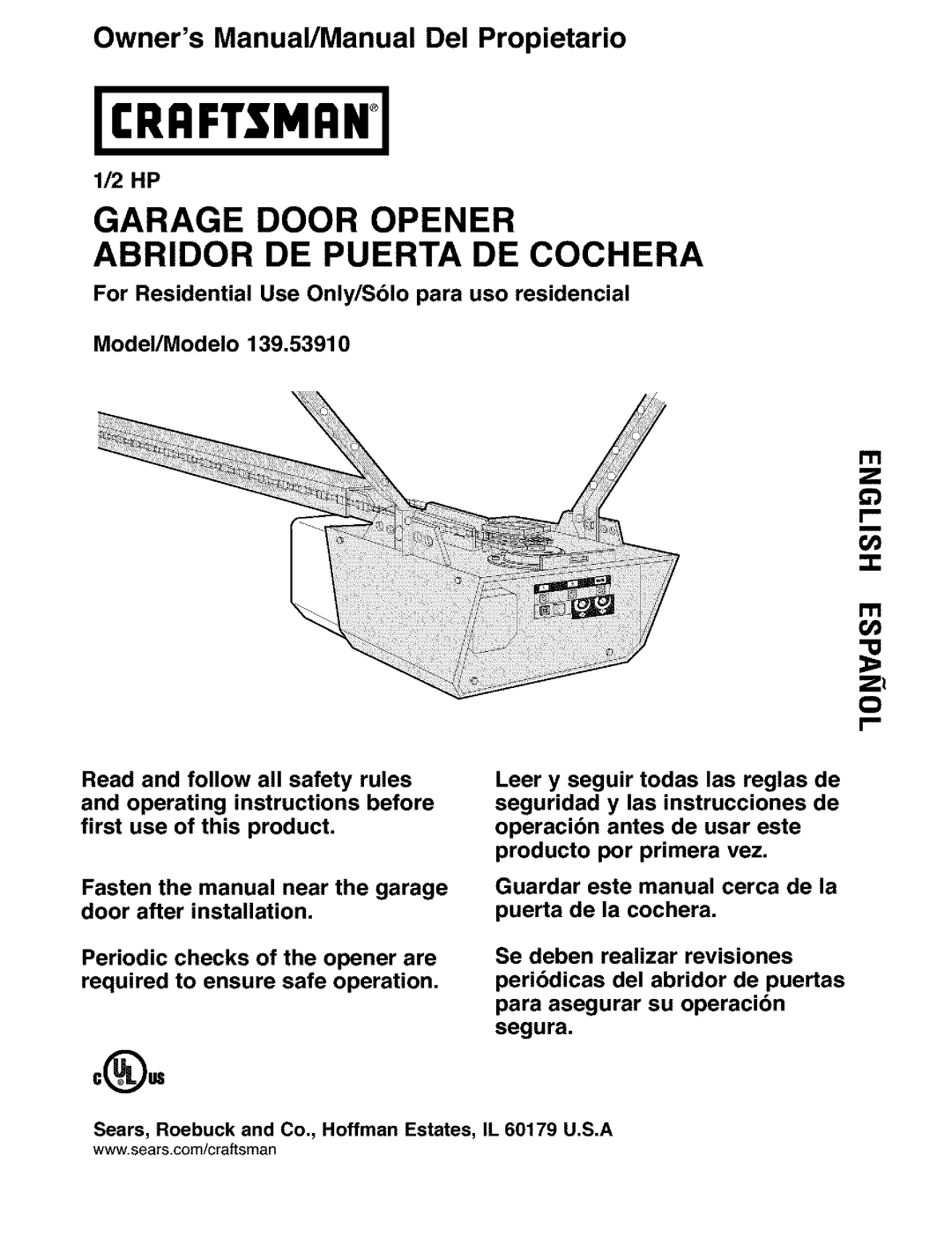 Craftsman 139.5391 owner manual Garage Door Opener Abridor DE Puerta DE Cochera 