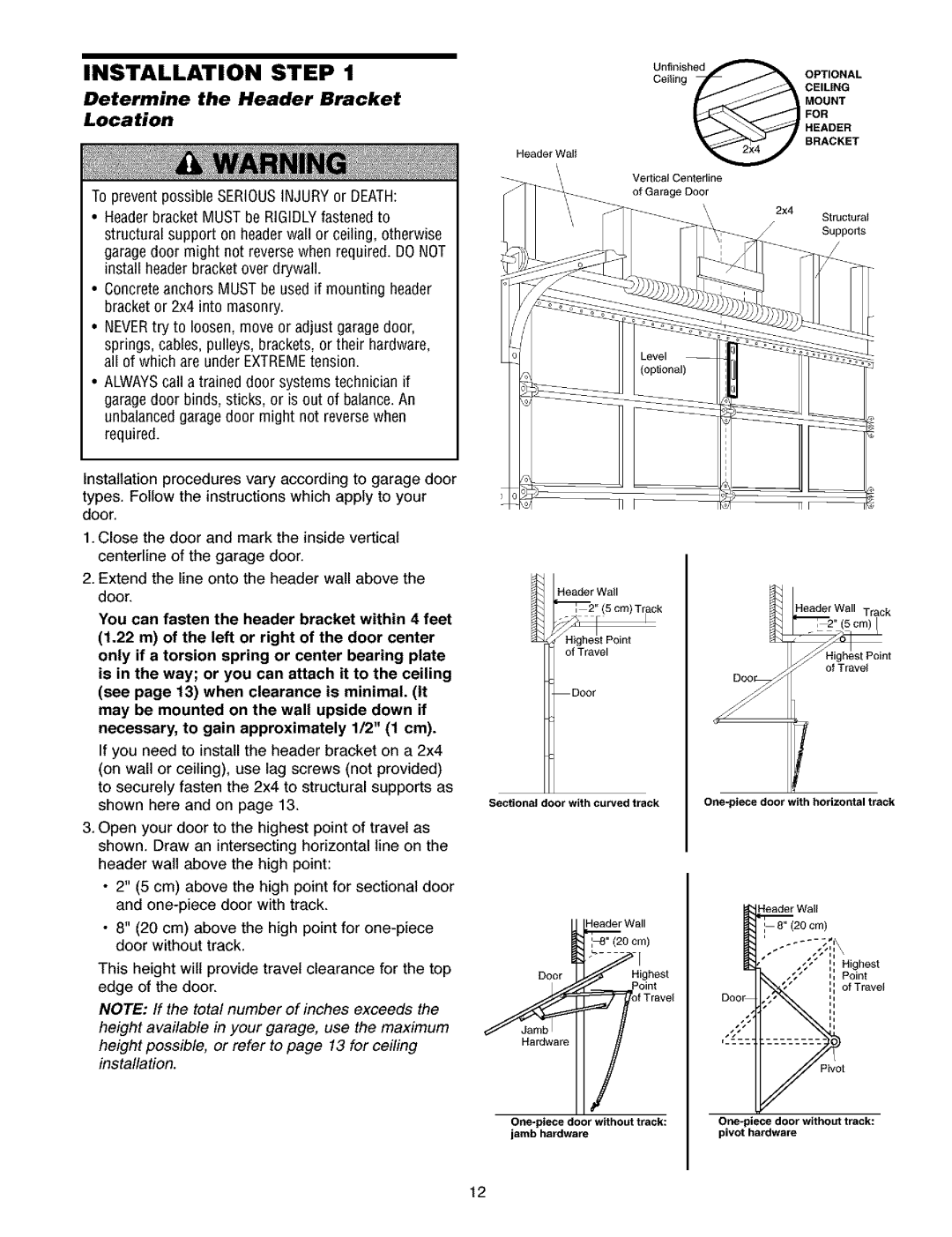 Craftsman 139.5391 owner manual Installation Step, Determine the Header Bracket Location 