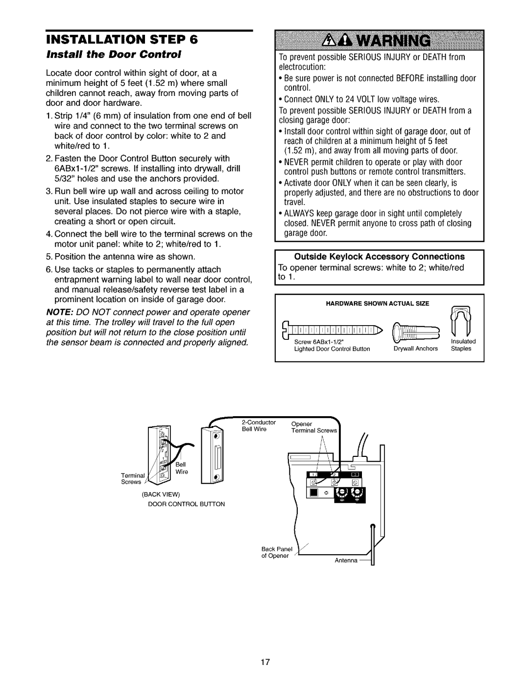 Craftsman 139.5391 owner manual Install the Door Control, Outside Keylock Accessory Connections 