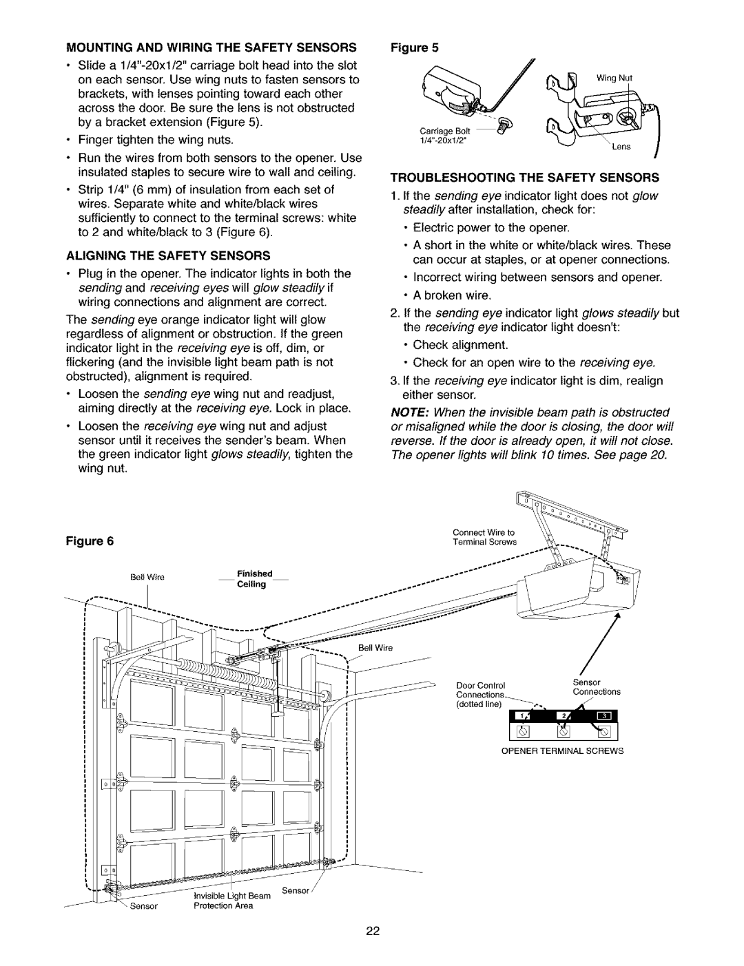 Craftsman 139.5391 Mounting and Wiring the Safety Sensors, Aligning the Safety Sensors, Troubleshooting the Safety Sensors 