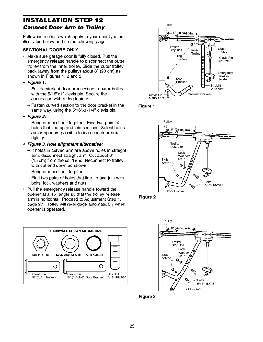 Craftsman 139.5391 owner manual Connect Door Arm to Trolley, Sectional Doors only 