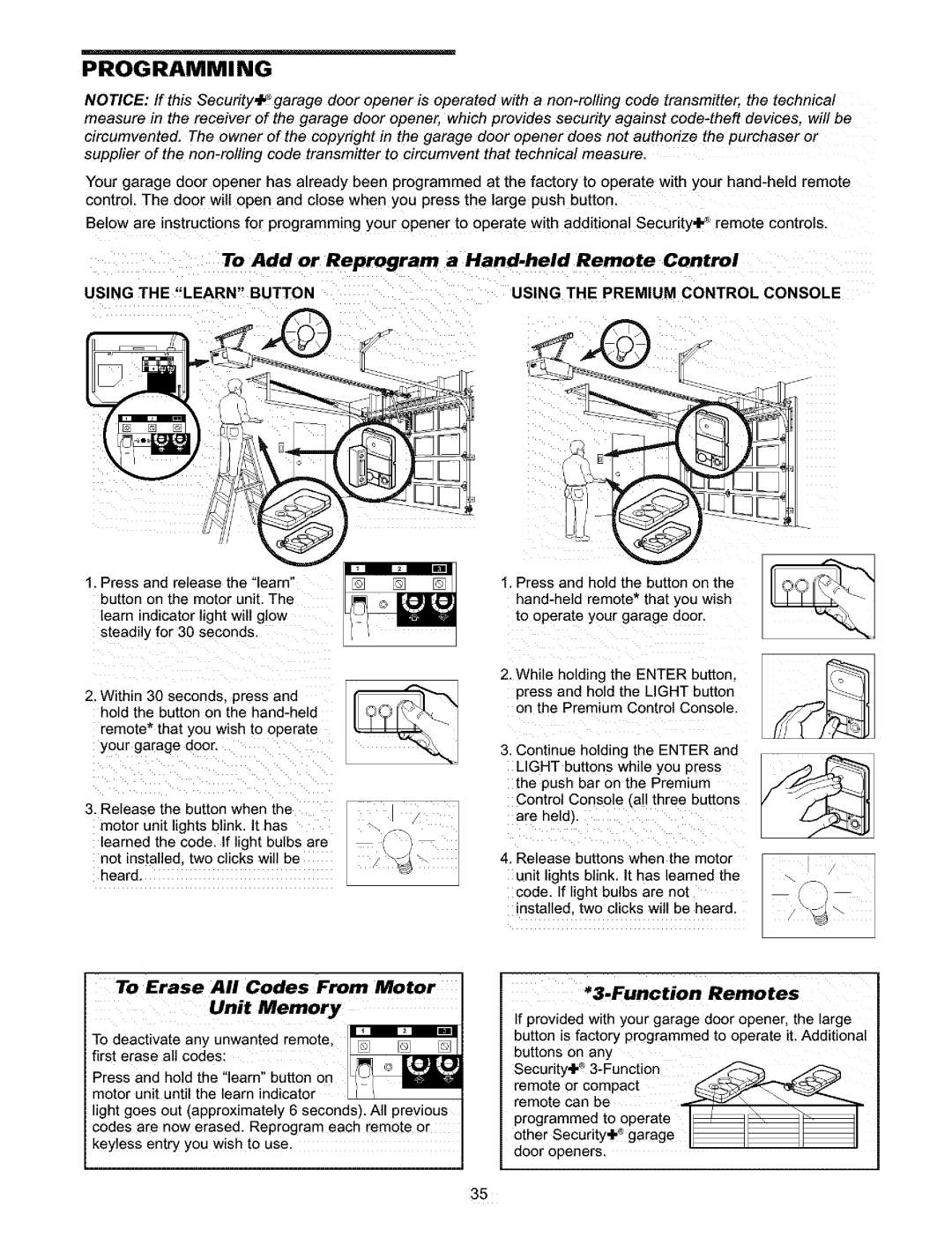 Craftsman 139.5391 Programming, To Add or Reprogram a Hand.held Remote Control, To Erase All Codes From Motor Unit Memory 