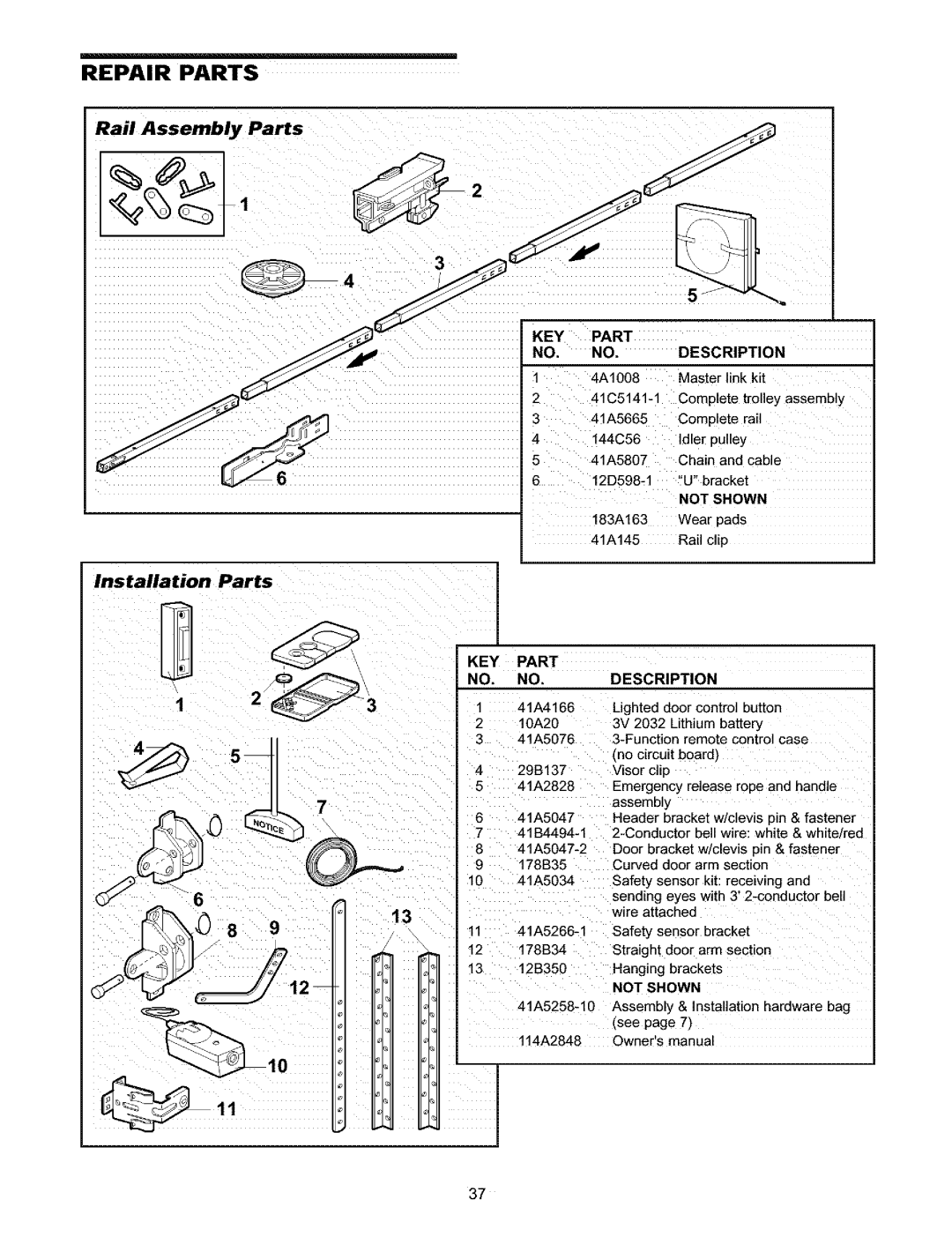 Craftsman 139.5391 owner manual Repair Parts, Rail Assembly Parts Installation Parts, Description 