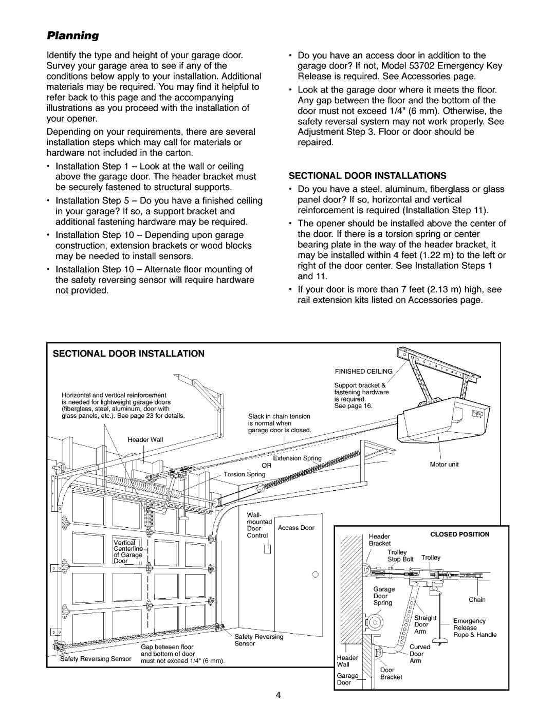 Craftsman 139.5391 owner manual Planning, Sectional Door Installations 