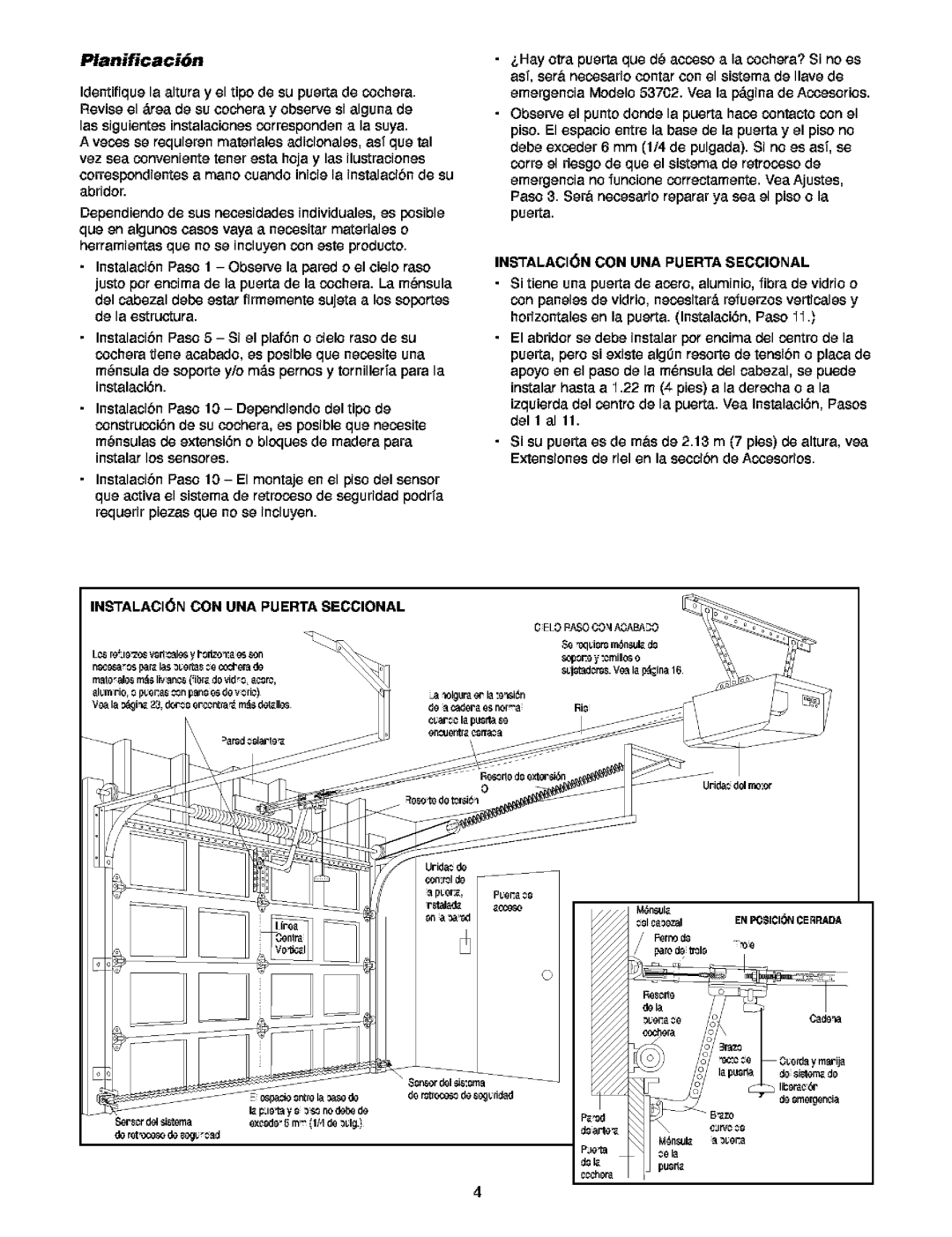 Craftsman 139.5391 owner manual Planificaci6n, Instalacin CON UNA Puerta Seccional 