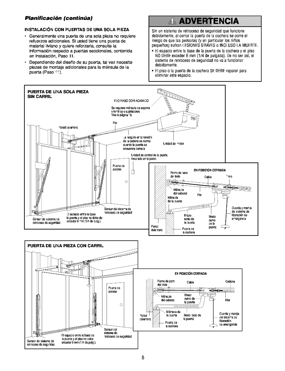 Craftsman 139.5391 owner manual Planificaci6n continUa, INSTALACI6N CON Puertas DE UNA Sola Pieza 