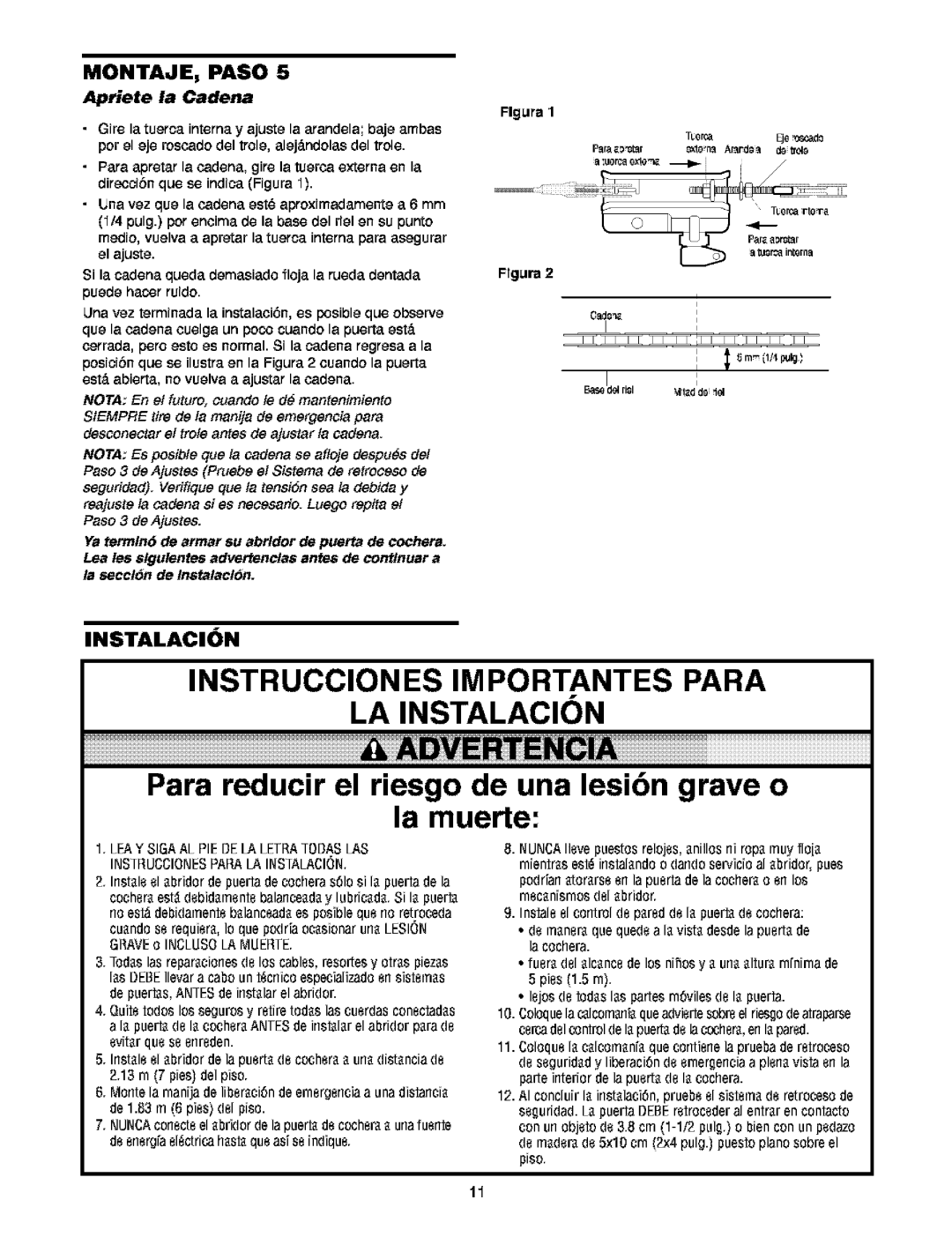 Craftsman 139.5391 owner manual Instruccion ES IM Portantes Para, Apriete la Cadena 