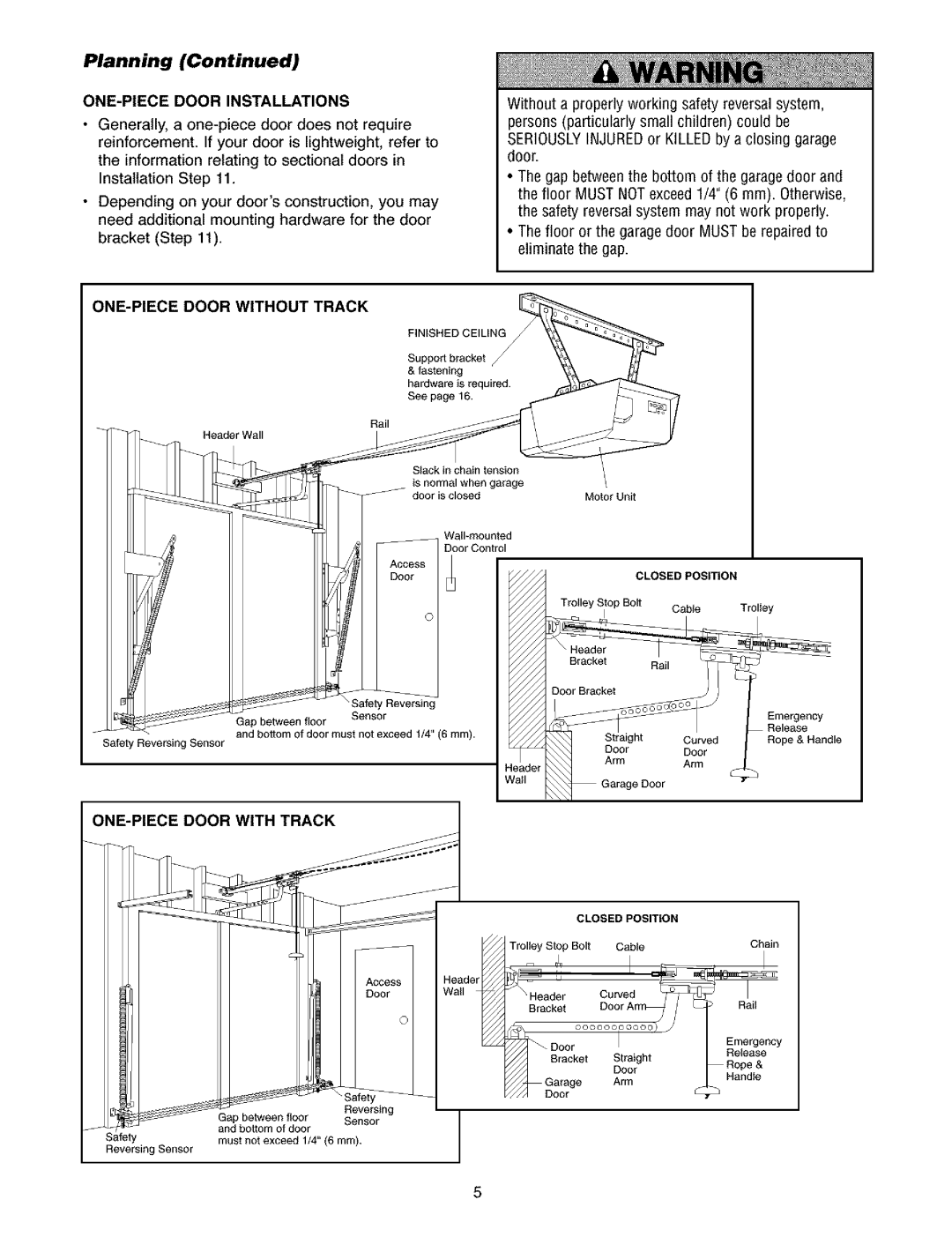 Craftsman 139.5391 owner manual ONE-PIECE Door Installations, ONE-PIECE Door Without Track, ONE-PIECE Door with Track 