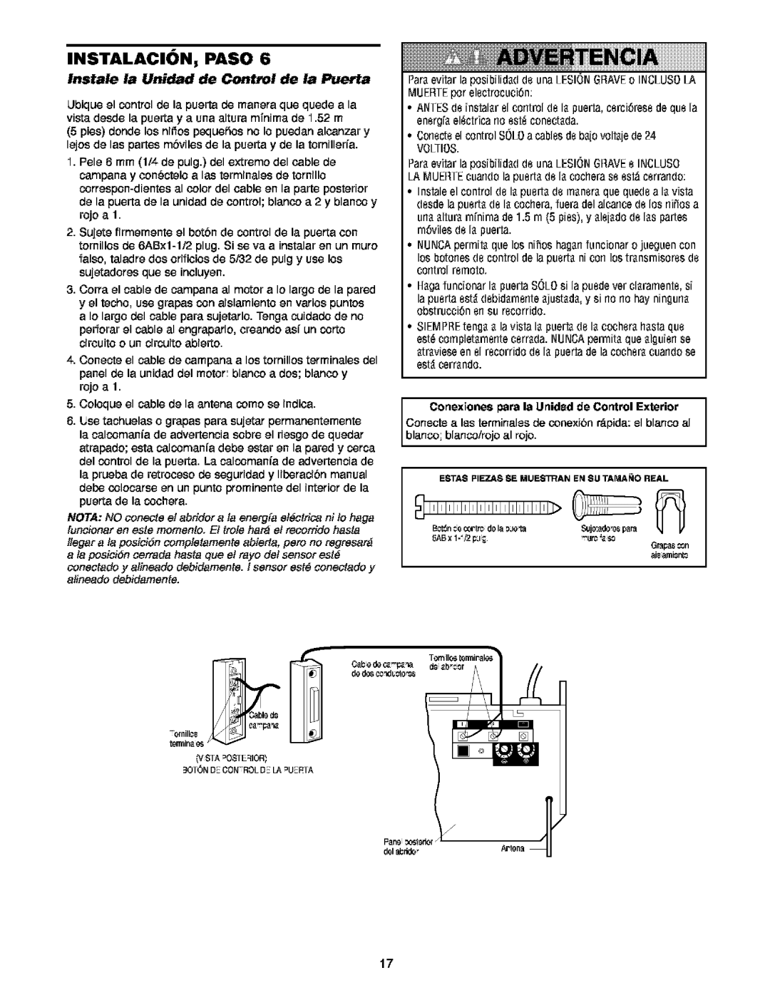 Craftsman 139.5391 owner manual Instale la Unidad de Control de la Puerta, Conexiones pare la Unidad de Control Exterior 