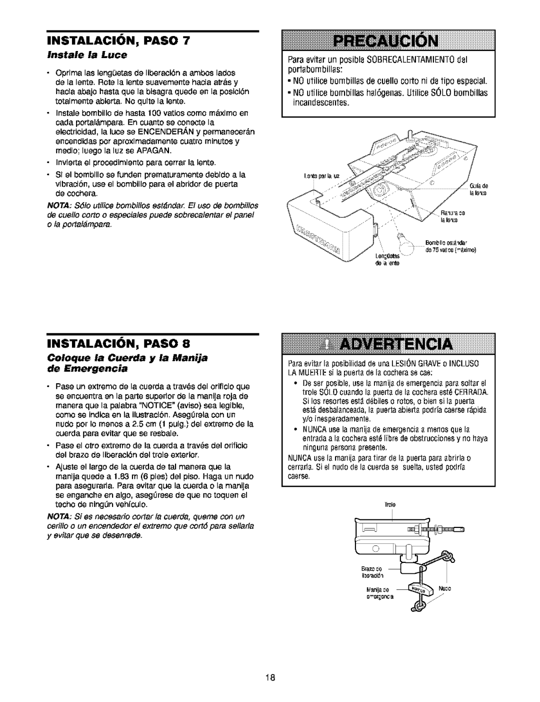 Craftsman 139.5391 owner manual Coloque la Cuerda y la Manija de Emergencia, Instale la Luce 