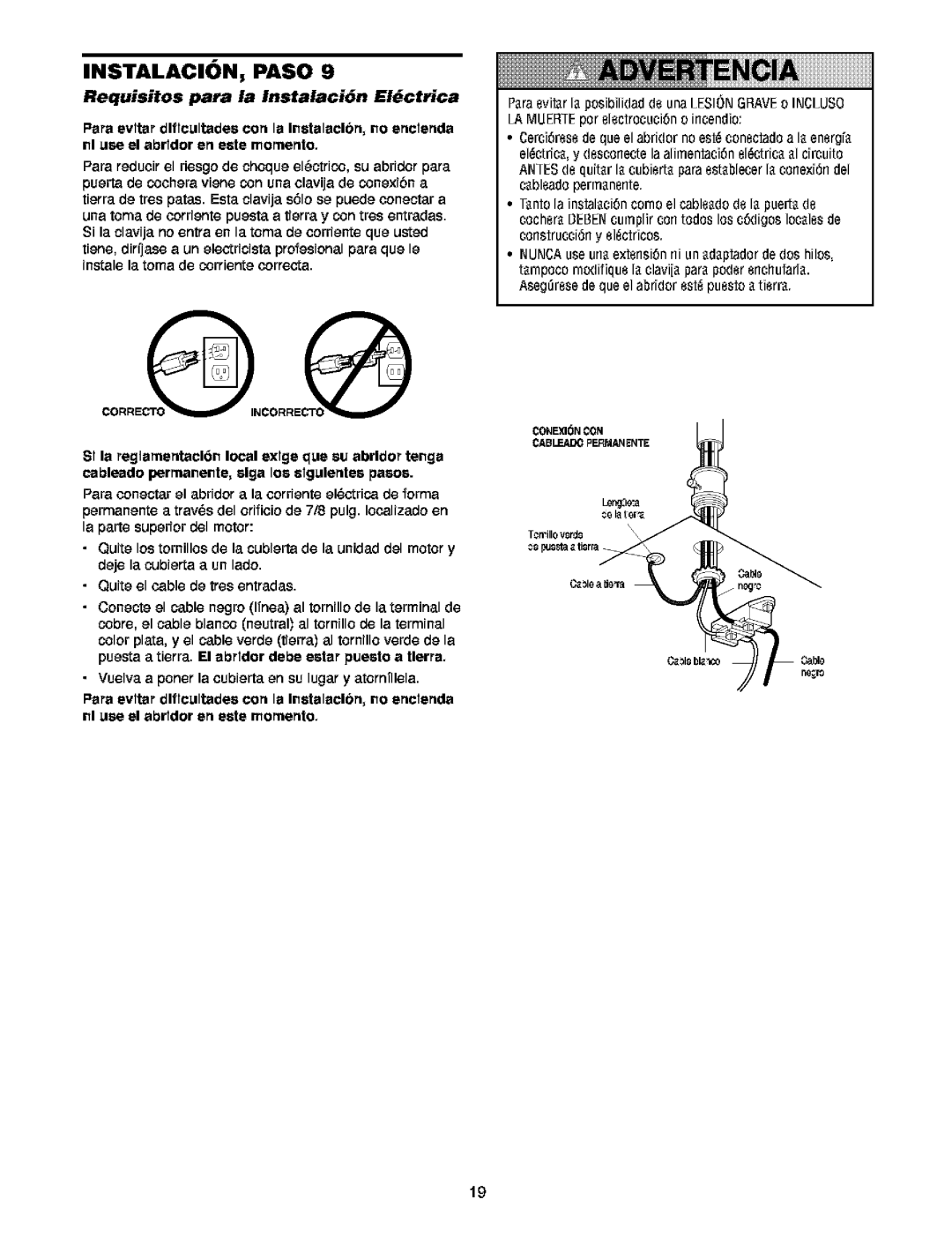 Craftsman 139.5391 owner manual ¢!A, Requisitos para la Instalaci6n Elctrica 