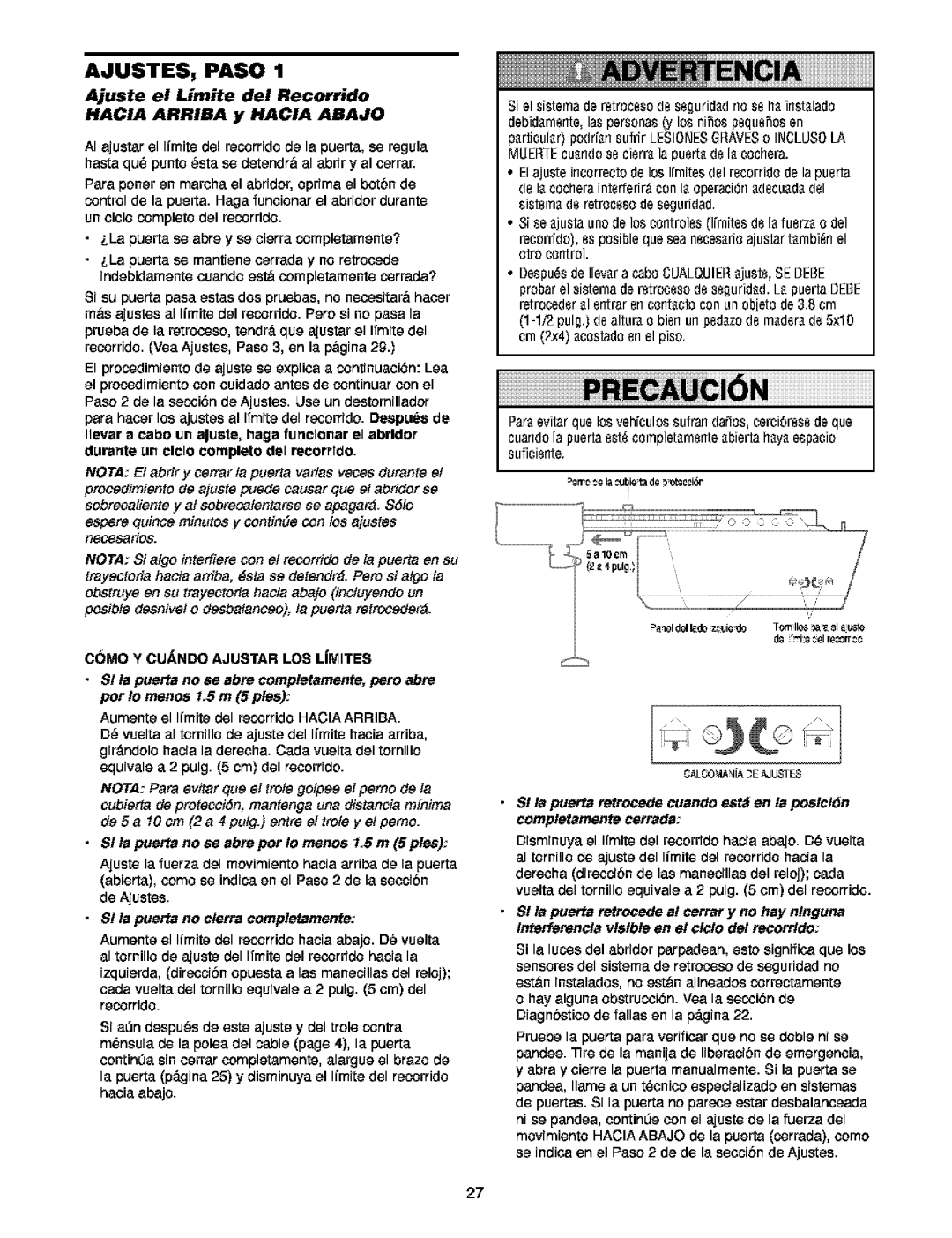 Craftsman 139.5391 owner manual Ajuste el Limite del Recorrido Hacia Arriba y Hacia Abajo 