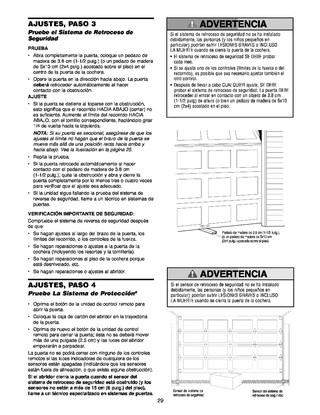 Craftsman 139.5391 owner manual Pruebe el Sistema de Retroceso de Seguridad, Pruebe La Sistema de Protecci6n, Ajuste 