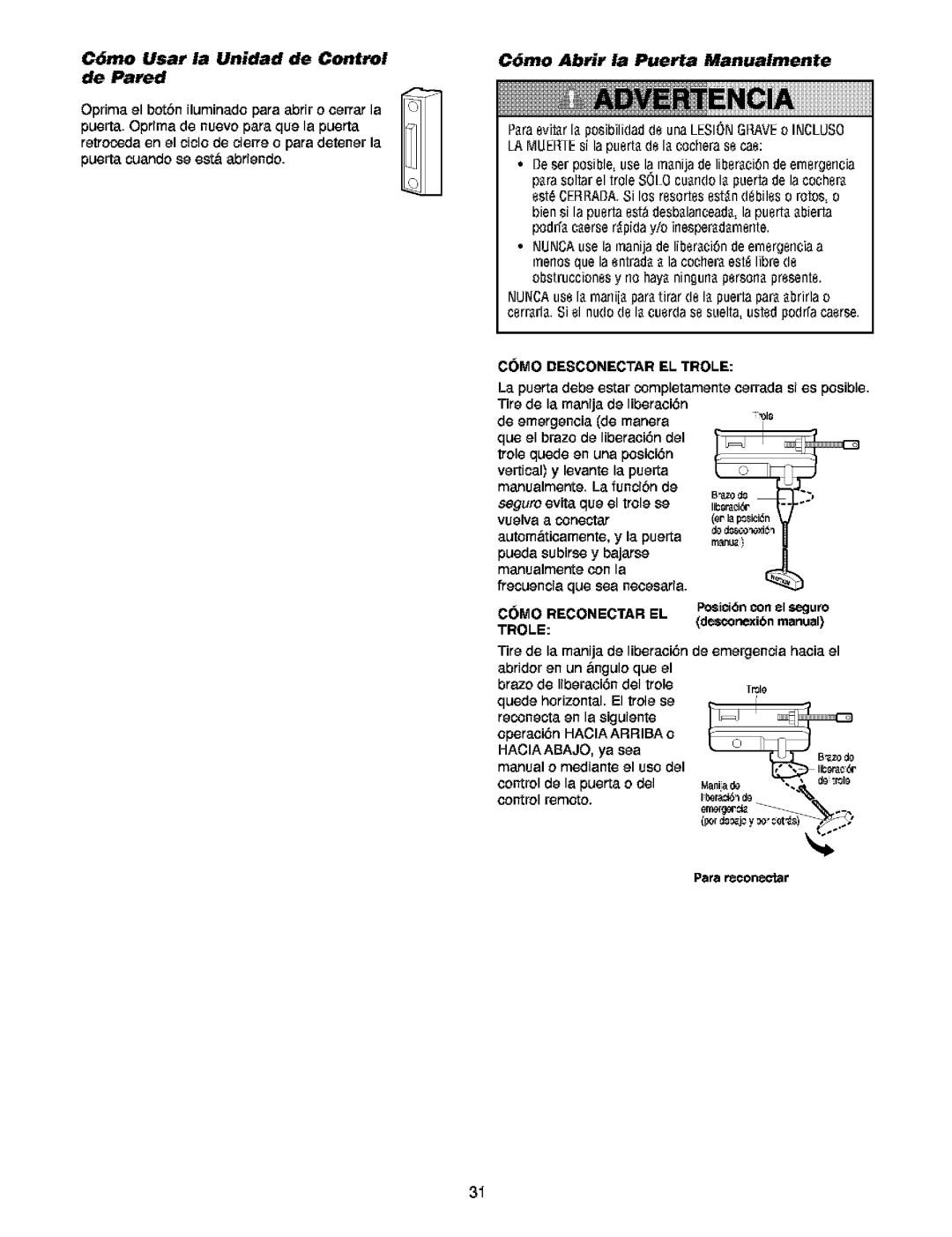 Craftsman 139.5391 owner manual C6mo Usar la Unidad de Control de Pared, C6mo Abrir la Puerta Manualmente, Marius 