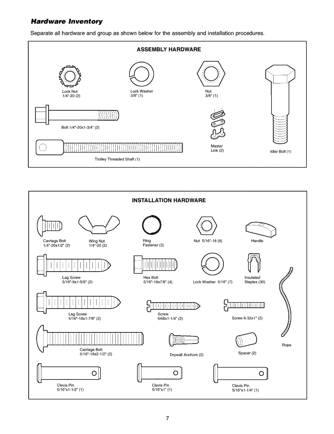 Craftsman 139.5391 owner manual Hardware Inventory, Assembly Hardware 