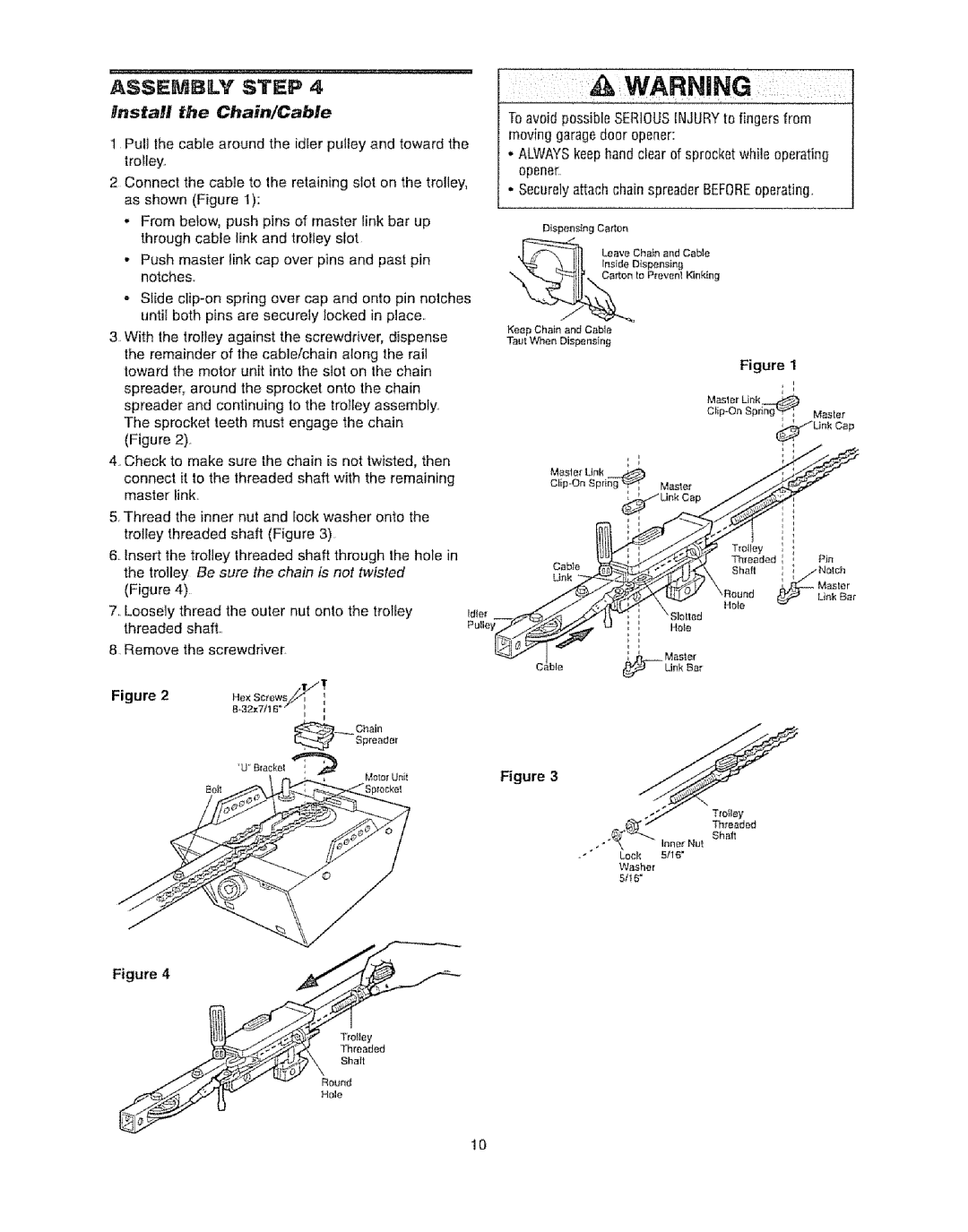 Craftsman 139.53920D owner manual Chain/Cable, Trolley Be sure the chain is not twisted 