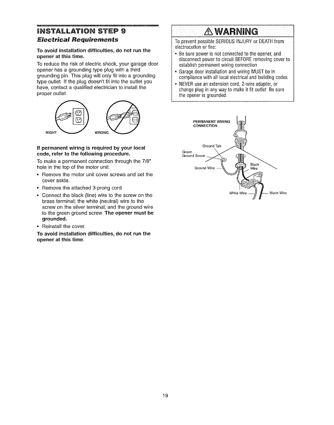 Craftsman 139.53920D owner manual NSTALLATmON Step, ENectrical Requirements 