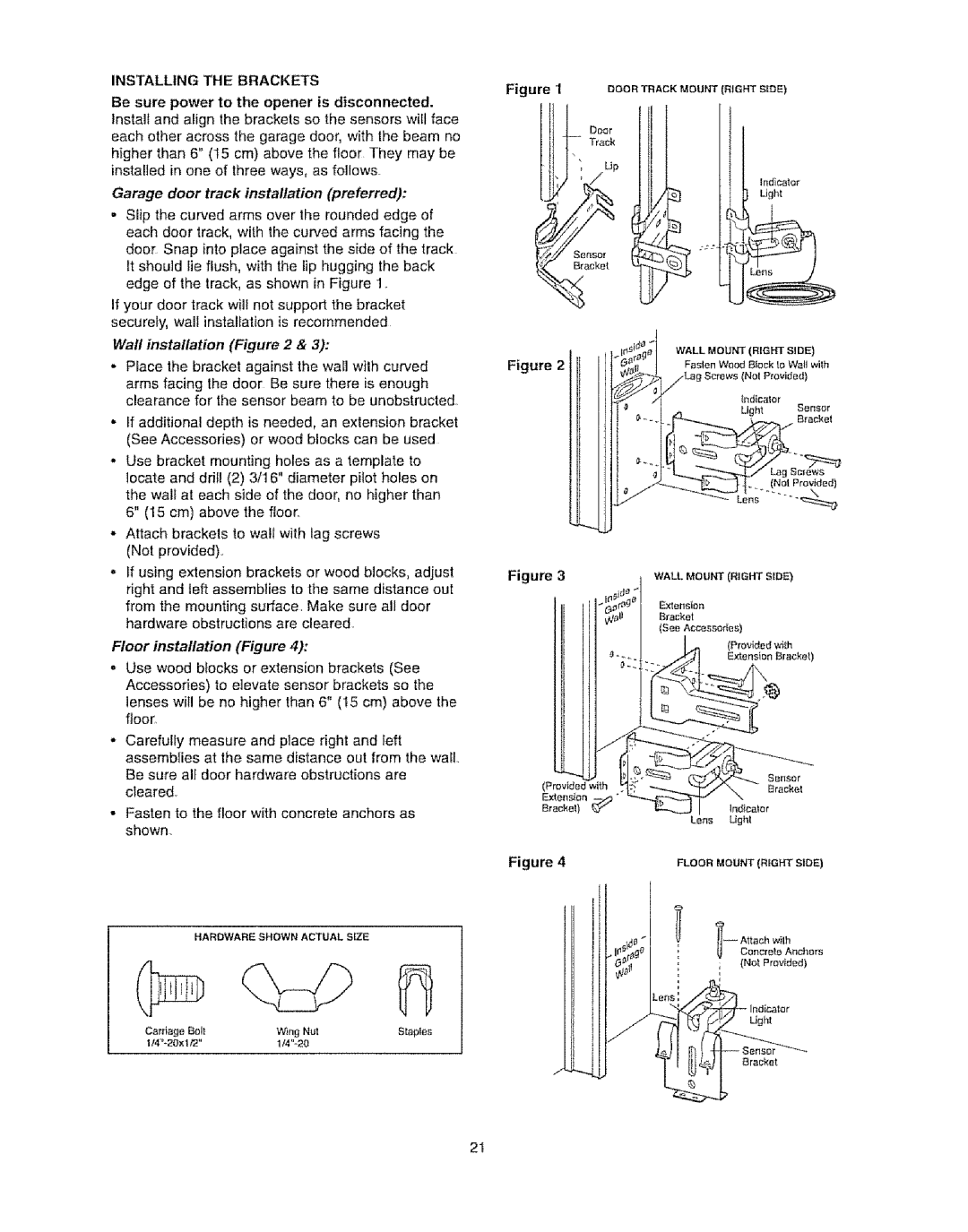 Craftsman 139.53920D owner manual Floor installation Figure, Installing the Brackets 