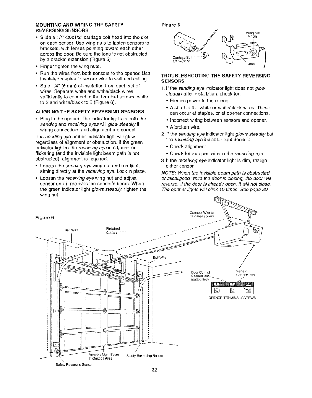 Craftsman 139.53920D owner manual Aligning the Safety Reversing Sensors, Mounting and Wiring the Safety Reversing Sensors 