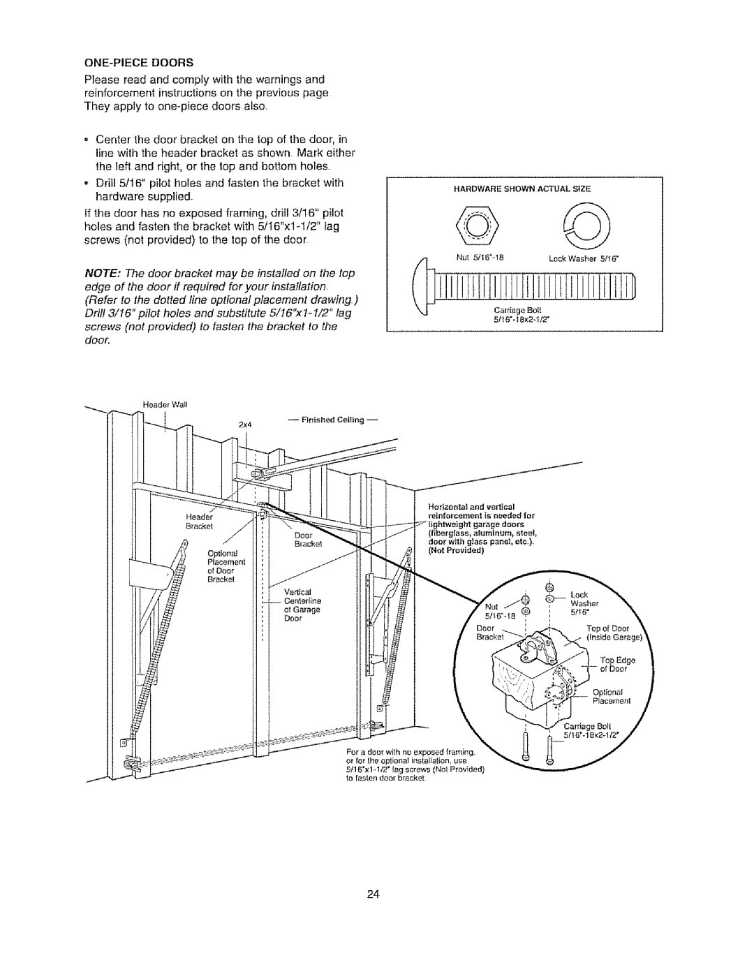 Craftsman 139.53920D owner manual Screws not provided to fasten the bracket to the door, ONE-PIECE Doors 