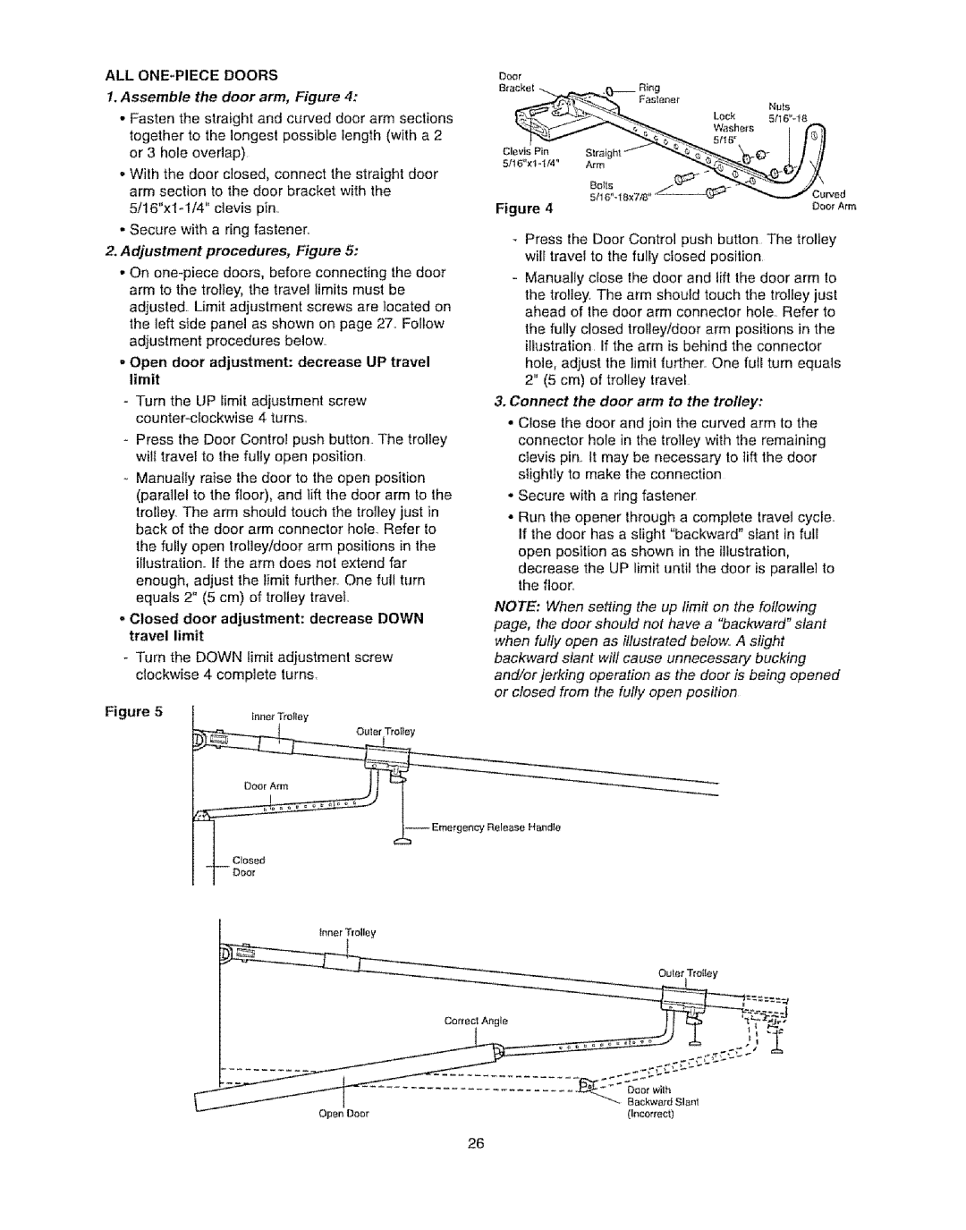 Craftsman 139.53920D Assemble the door arm, Figure, Adjustment procedures, Figure, Connect the door arm to the trolley 