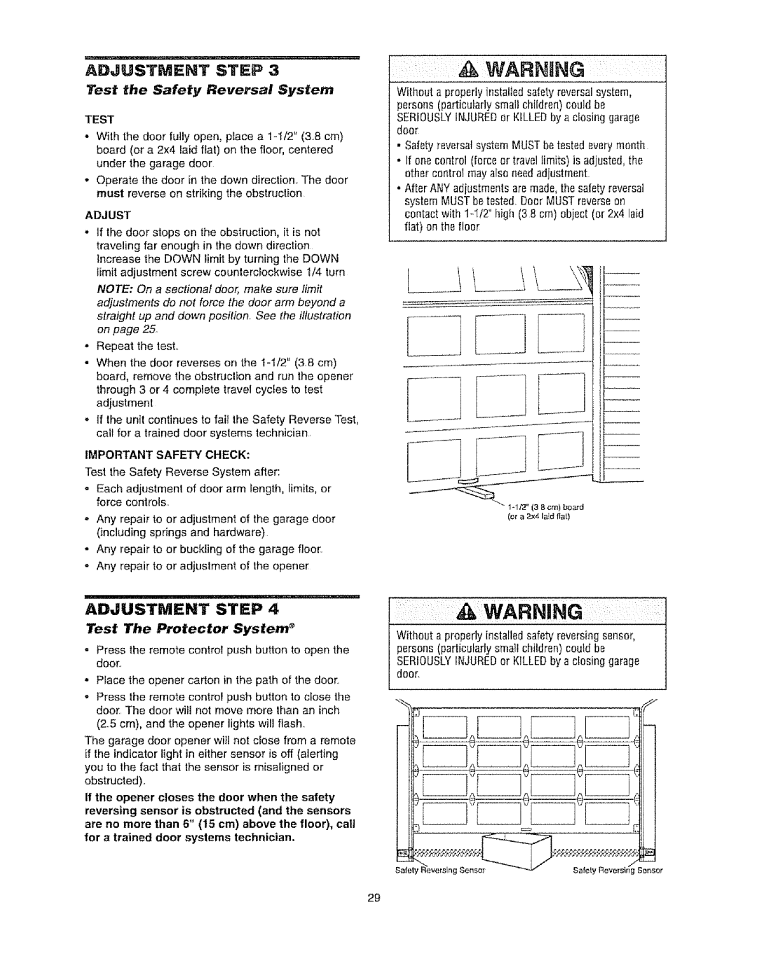 Craftsman 139.53920D owner manual Test the Safety Reversal System, Test The Protector System s 