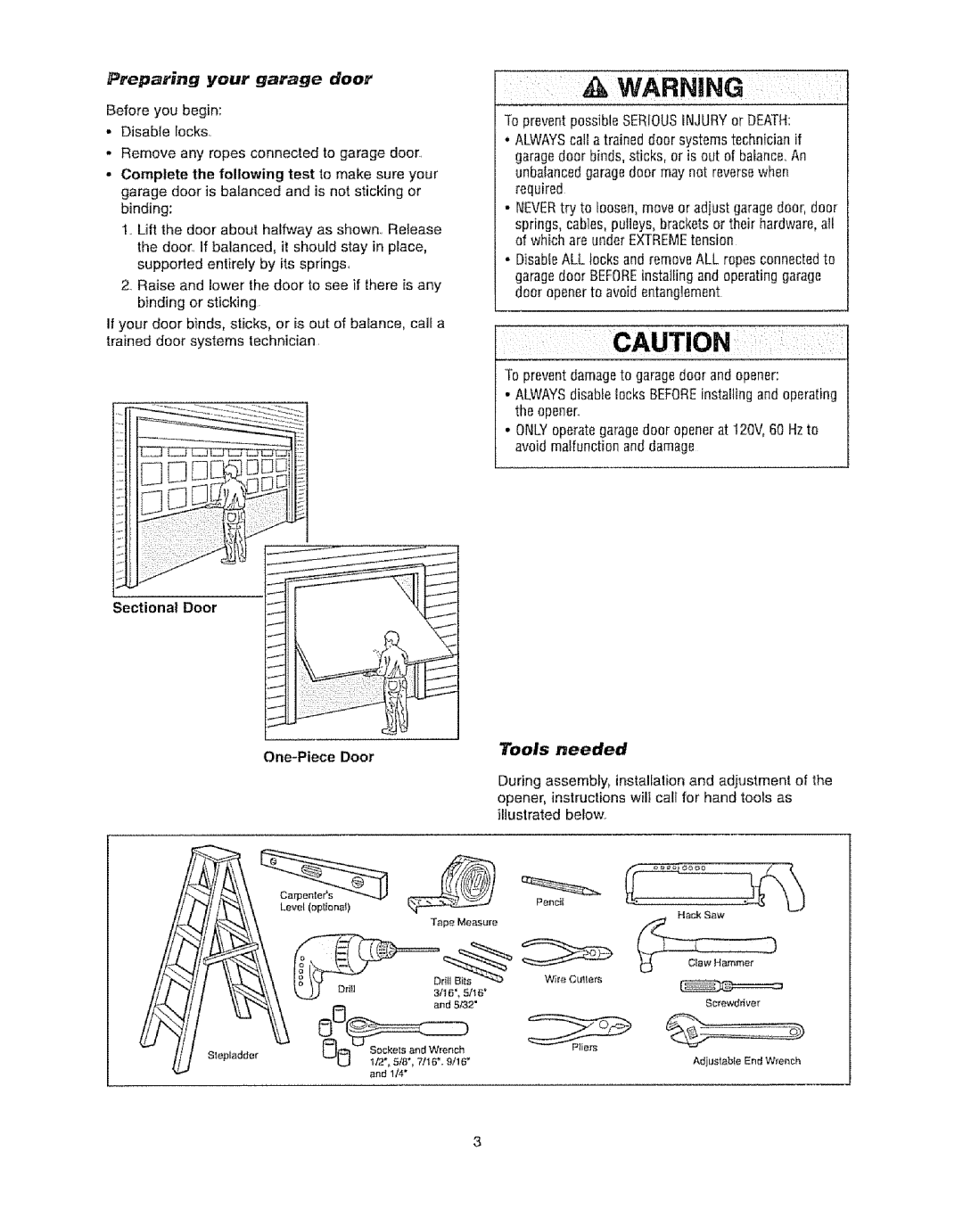 Craftsman 139.53920D owner manual Preparing your garage door, Tools needed 