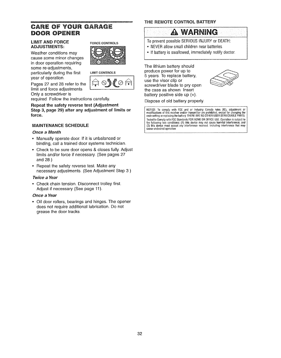 Craftsman 139.53920D owner manual Care Your Garage Door Opener, Limit Force Forcecontrols Adjustments, Maintenance Schedule 