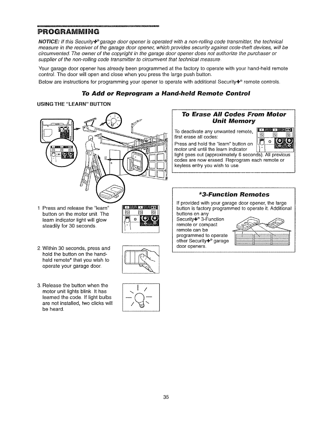 Craftsman 139.53920D owner manual Programming, To Add or Reprogram a Hand.held Remote Control, Function Remotes 