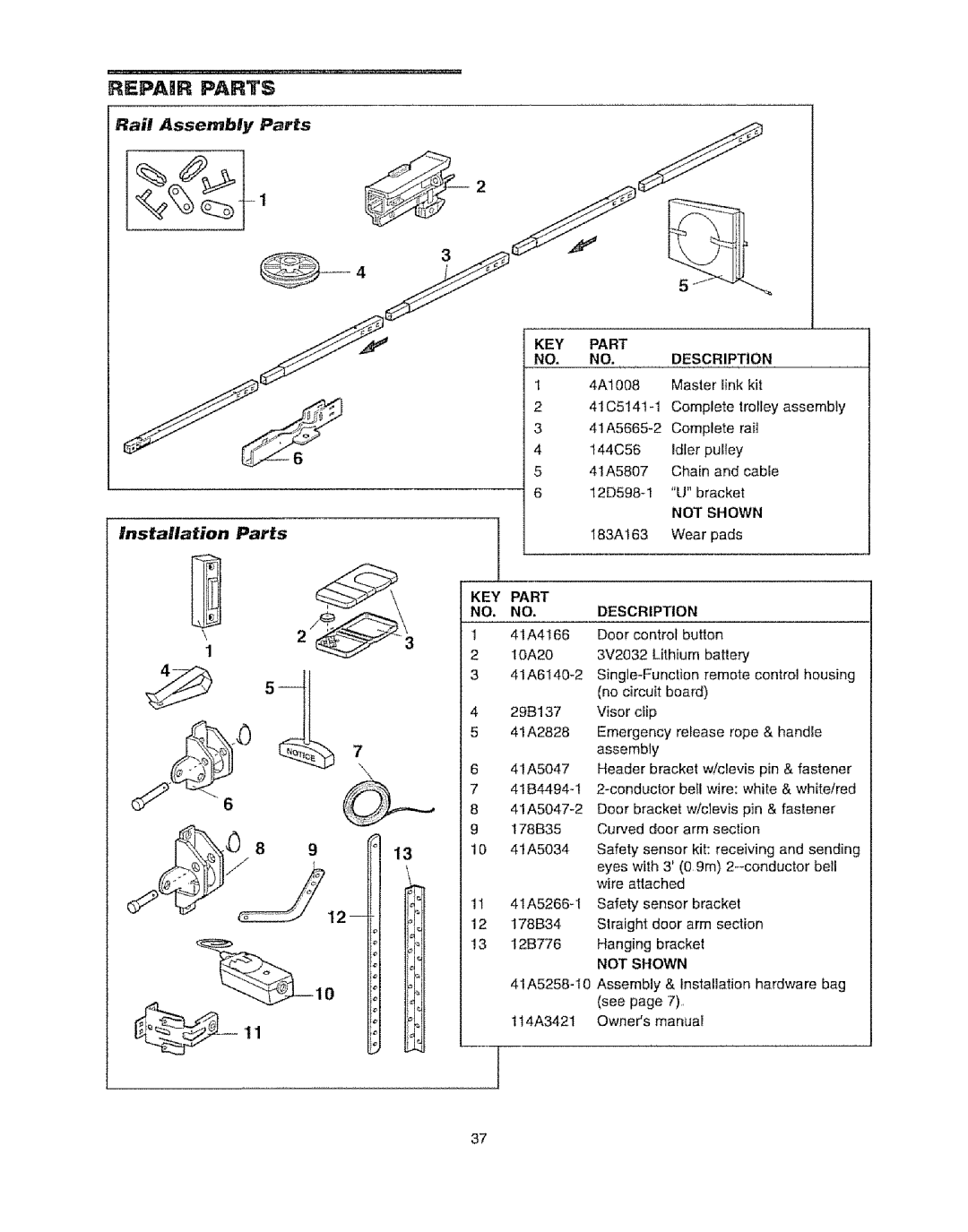 Craftsman 139.53920D owner manual Repair Parts, Installation Parts, 183A163 Wear pads, 114A3421 