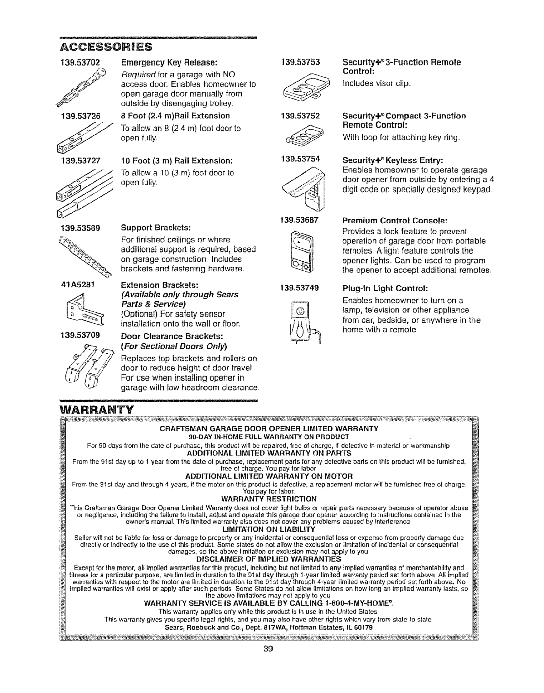 Craftsman 139.53920D owner manual Warranty, Emergency Key Release, Available only through Sears Parts & Service 